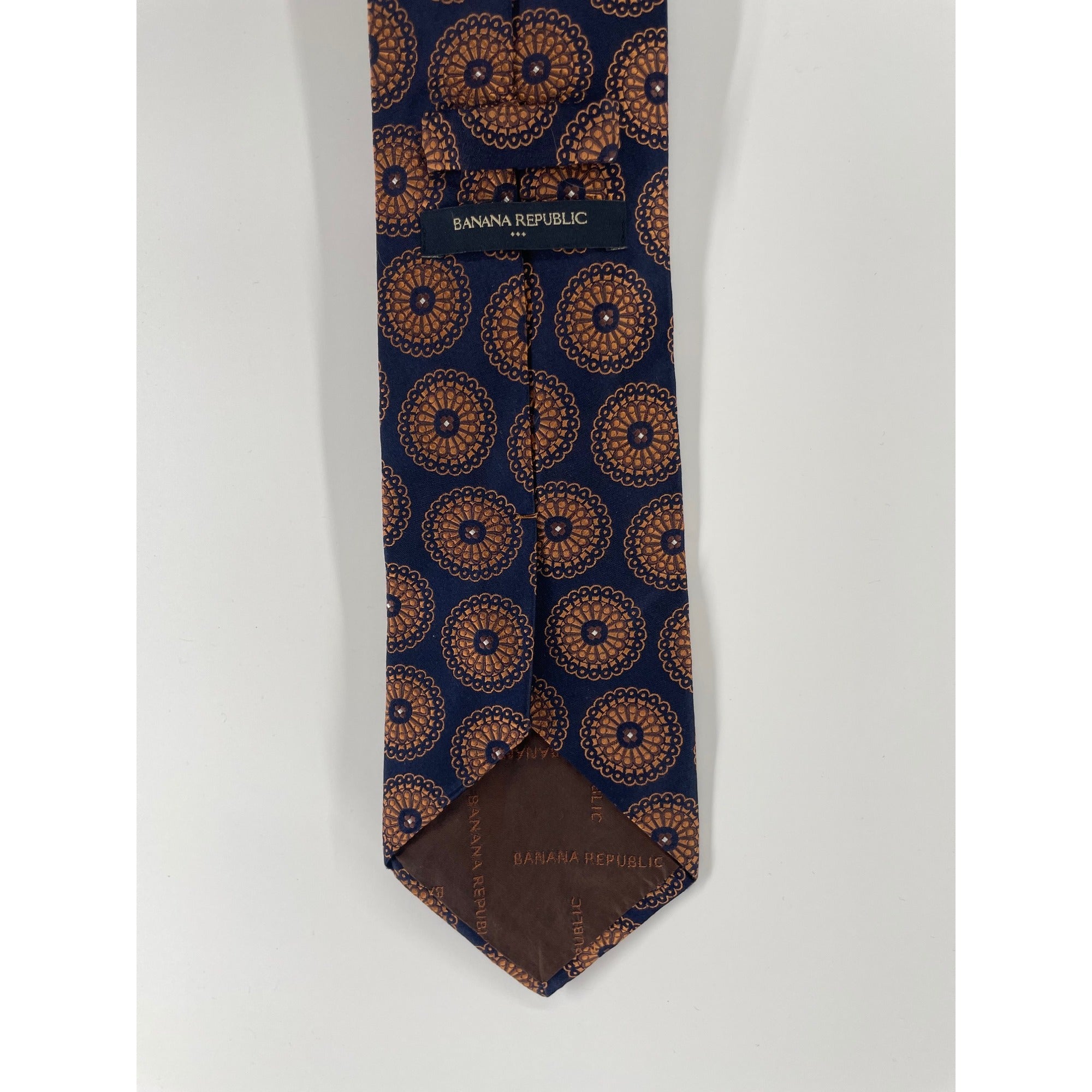 Banana Republic Men's Navy and Metallic Orange Floral 100% Silk Dress Tie