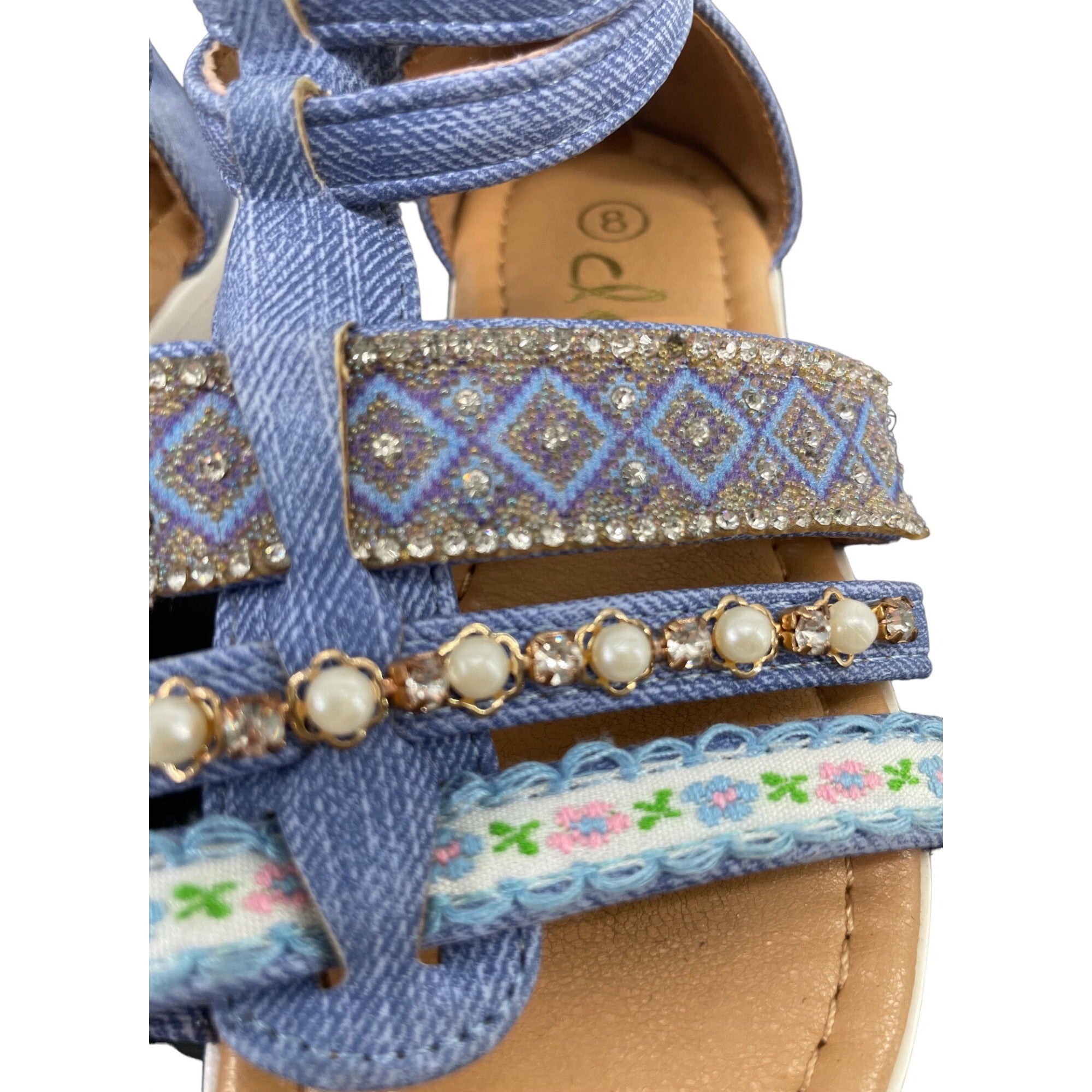 Claire Girl's Size 8 Sparkly Denim Blue Sandals W/ Rhinestones & Pearls