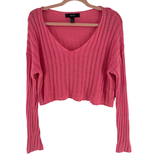 Forever 21 Women's Size Small Hot Pink Cropped V-Neck Knit Sweater