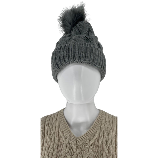 Women's Size Small Grey Cable-Knit Faux Fur Pom Pom Poof Beanie