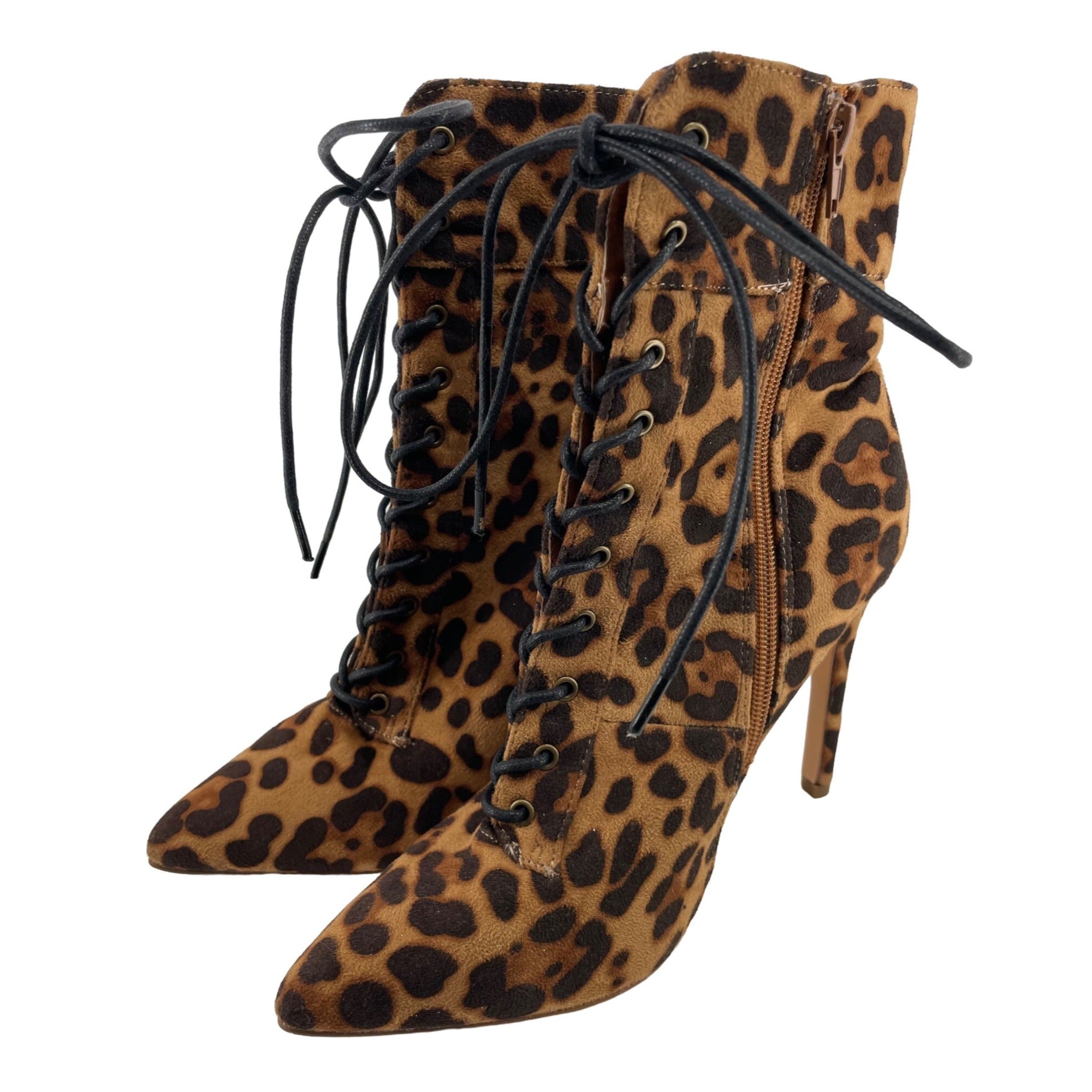 Olivia Jaymes Women’s 7.5 Leopard Print Lace-Up Ankle Booties