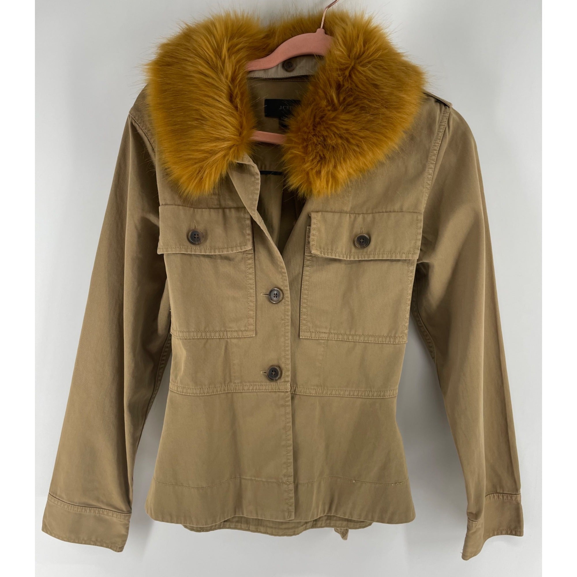 J. Crew Women's Size Medium Short Tan Utility Jacket W/ Orange Faux Fur Collar