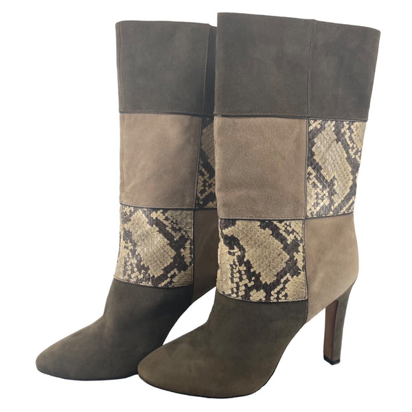 Jean-Michel Cazabat Designer Rosalba Brown & Tan Size 38 (7.5/8) Leather & Snakeskin 4" Heel Boot