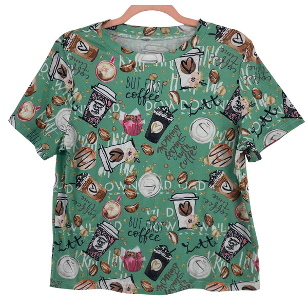 Women's Size Medium/Large Green/Multi-Colored Coffee-Themed Graphic T-Shirt