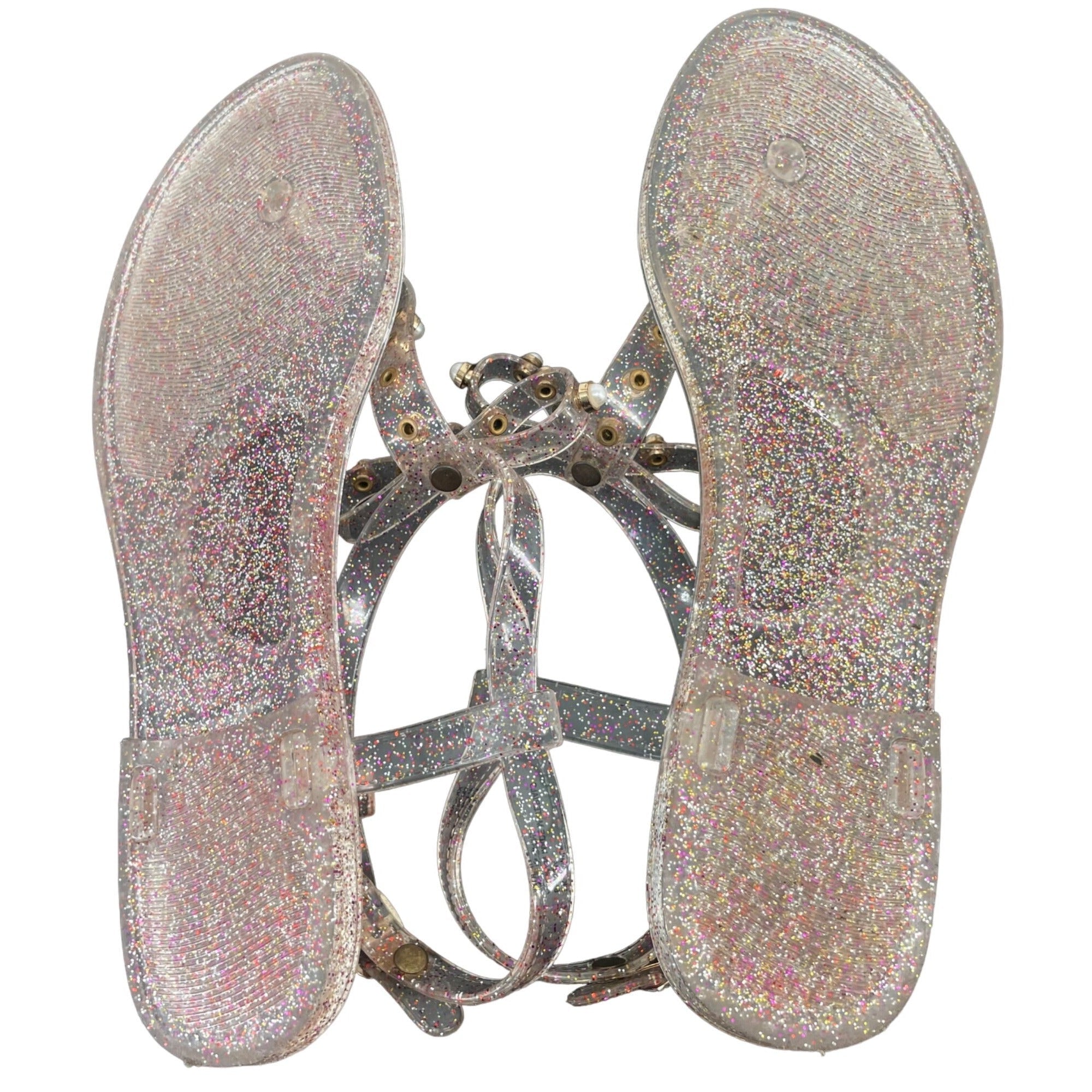 Kelly & Katie Women's Size 8 Camile Sparkly Clear Jelly Pearl Flat Sandals