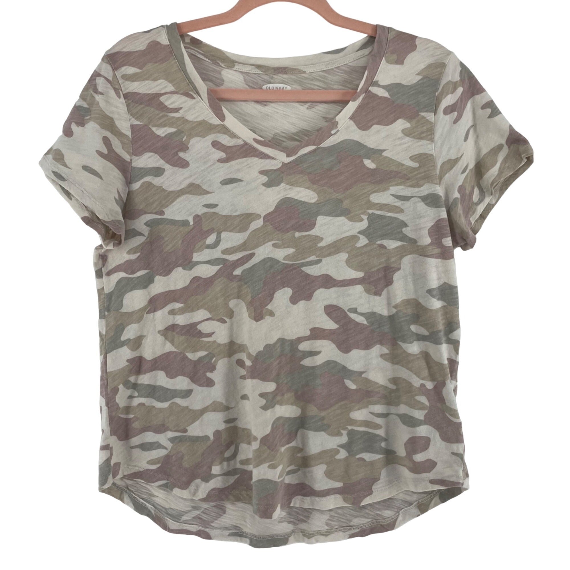 Old Navy Women's Size Medium Cream, Tan, Mauve & Grey Camo Print T-Shirt