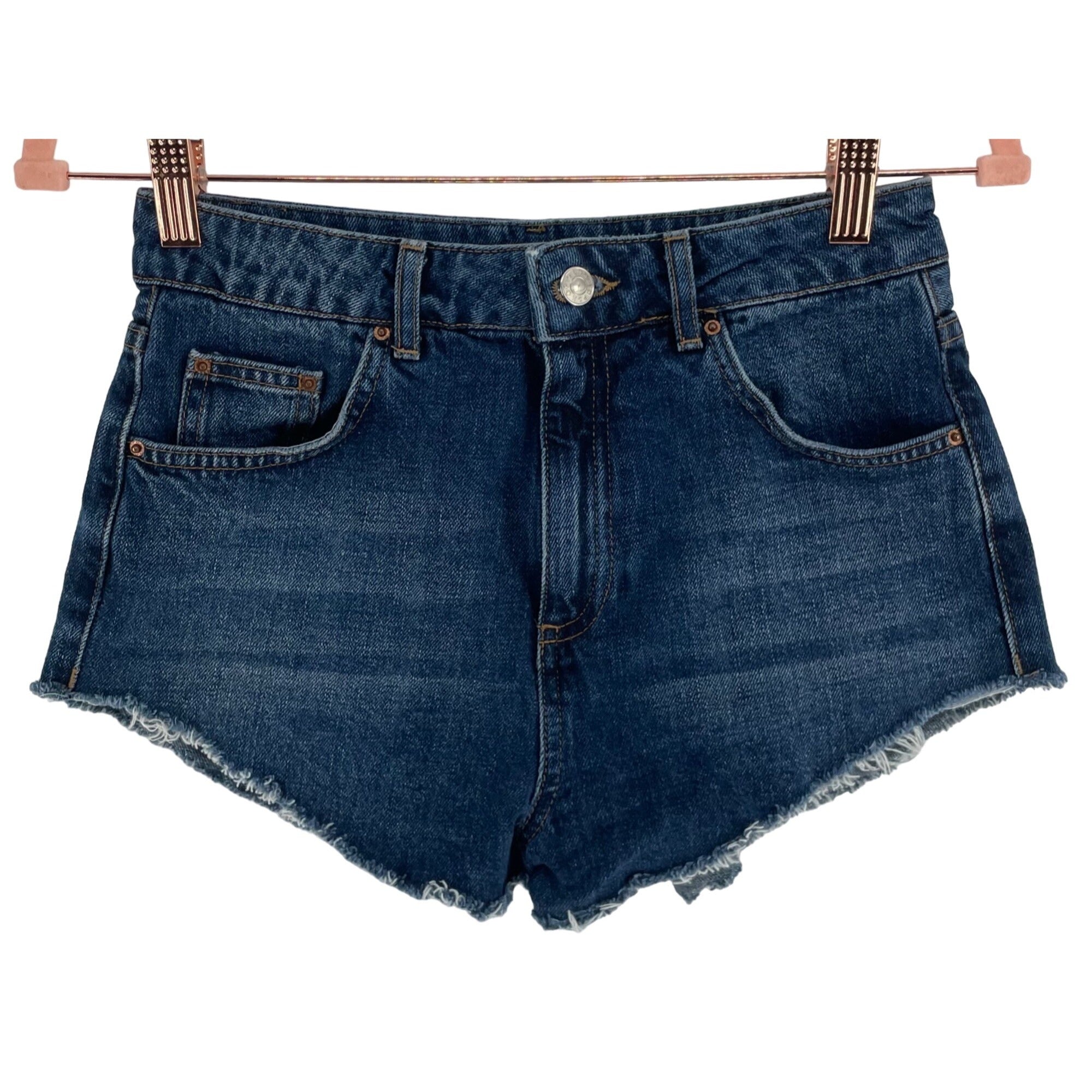 Topshop Moto MOM Women's Size 8 Denim Whiskered Fringe Hem High-Waisted Shorts