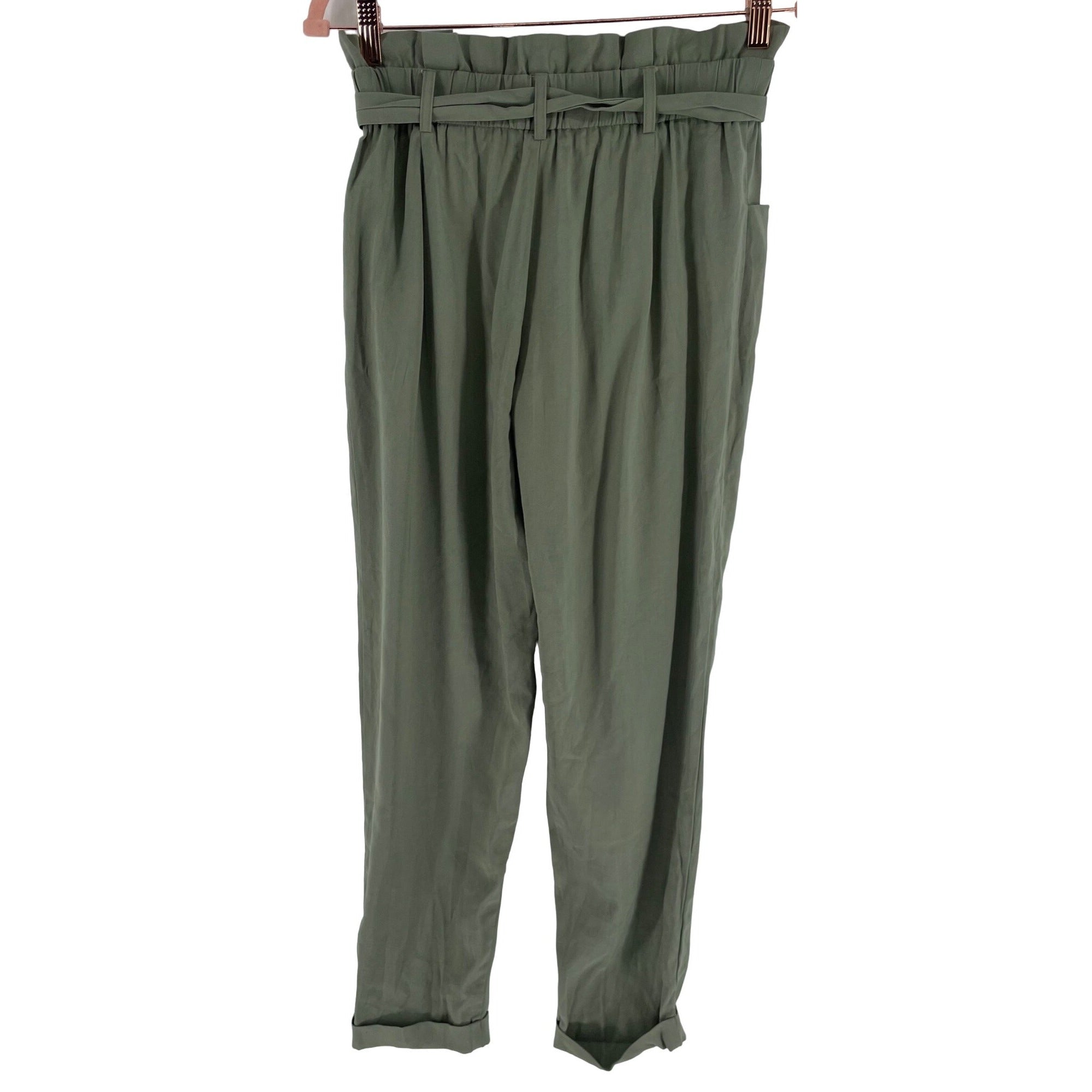 Zara Trf Women's Size Small Khaki Green Linen Elastic Waist Band Safari Slacks/Pants