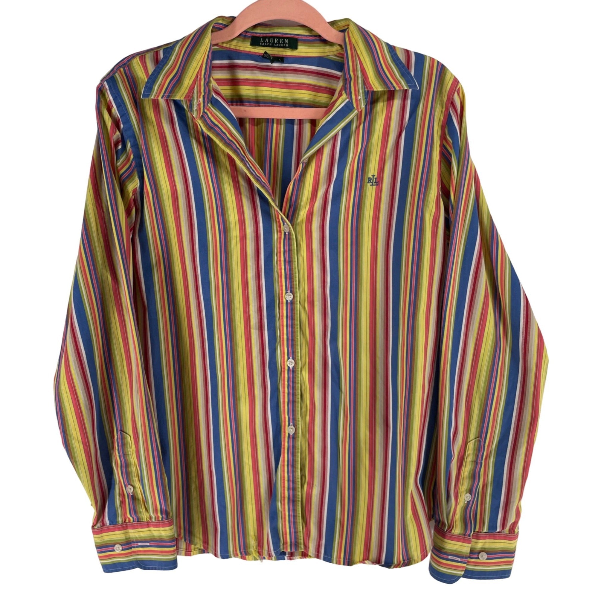 Lauren Ralph Lauren Women's Size Large Button-Down Yellow/Blue/Red Striped Shirt