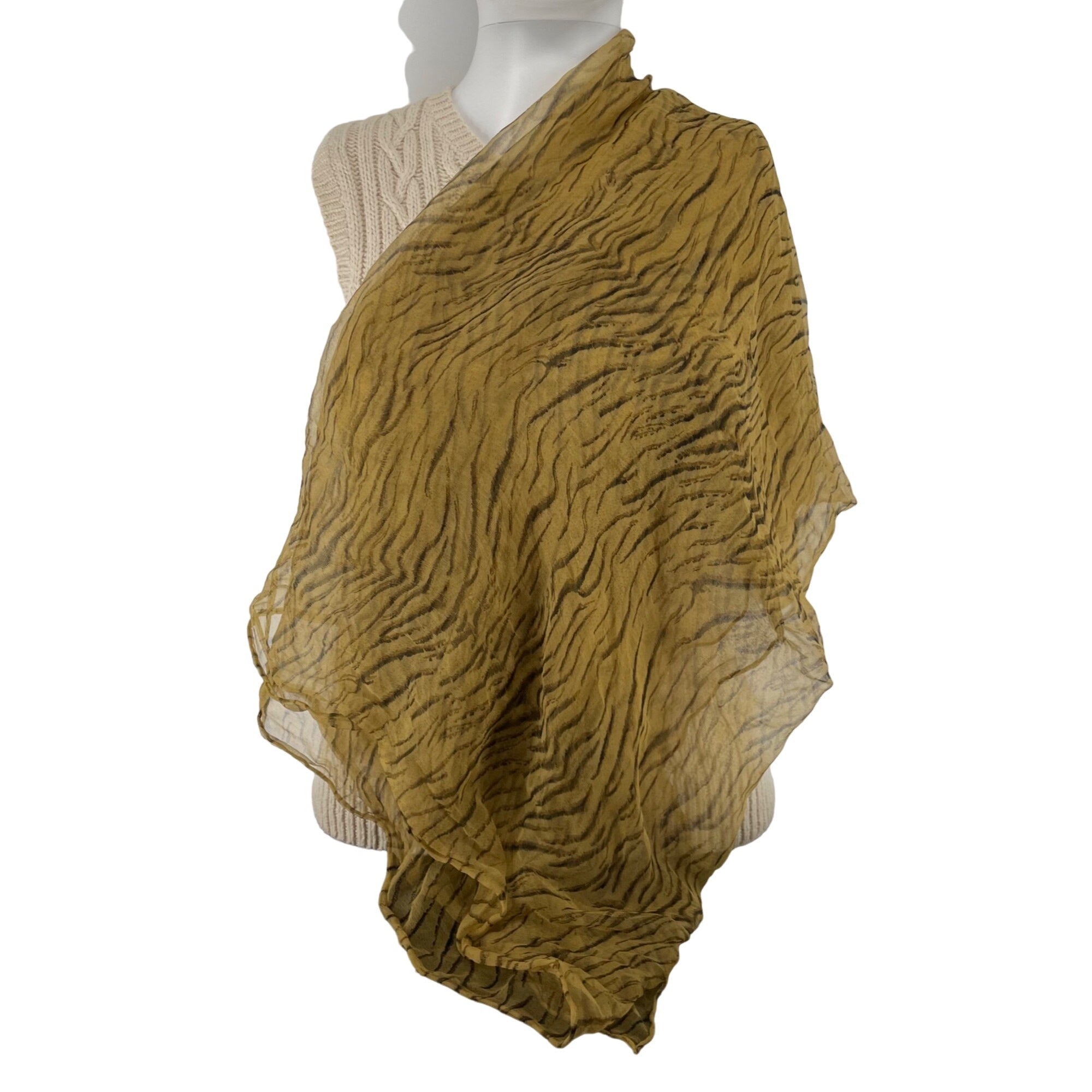 Women's Mustard Yellow/Tapenade Tiger Stripe Print Sheer Scarf