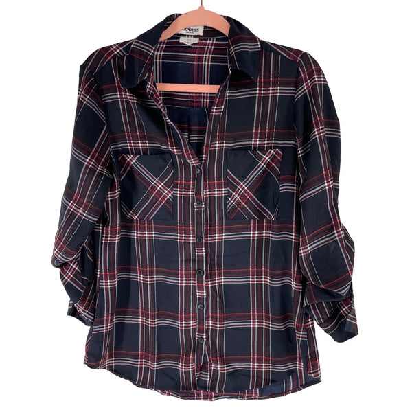 Express Women's Size Medium Slim Navy/Maroon Plaid Striped 3/4 Length Sleeve Button-Down Top