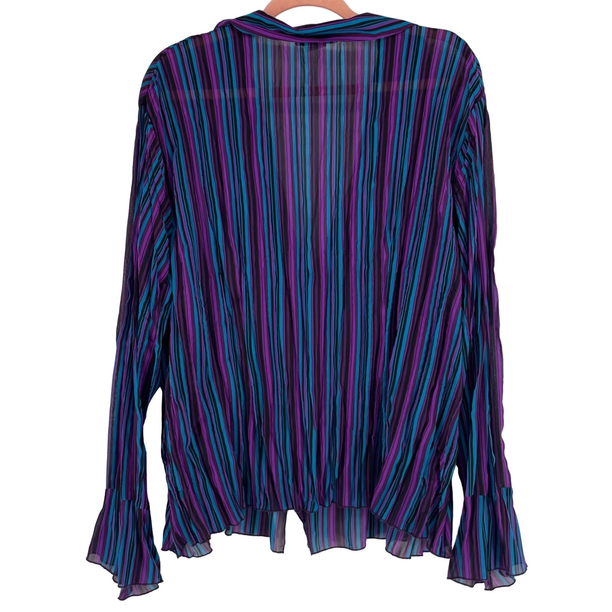 Notations Women's Size 2X Purple, Aqua & Black Striped Ruffle Crinkle Top W/ Flared Sleeves