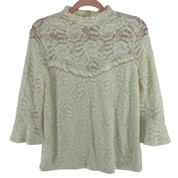 Women's Size Medium Cream Floral Lace 3/4 Quarter Length Sleeve Ruffle Bell Sleeve Top