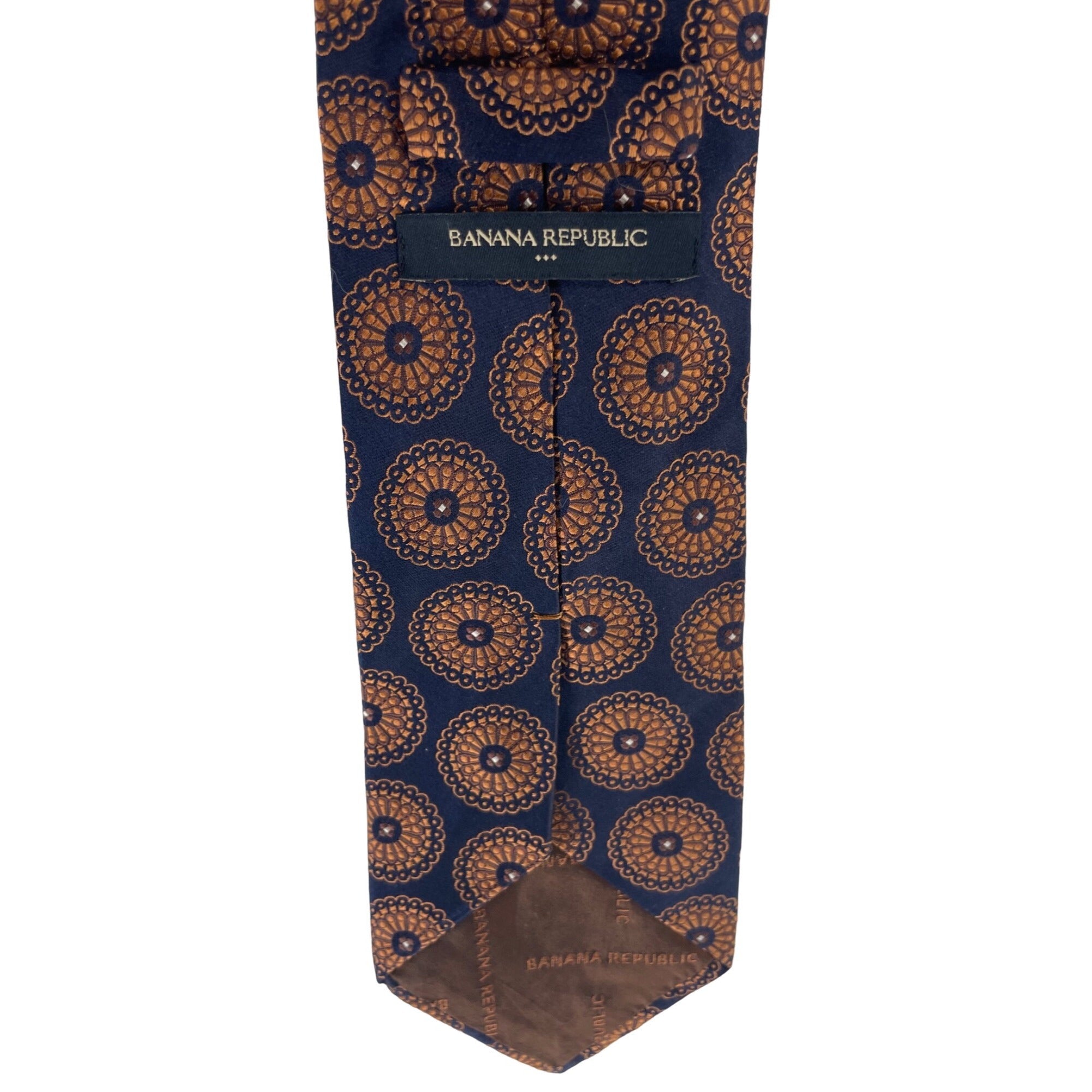 Banana Republic Men's Navy and Metallic Orange Floral 100% Silk Dress Tie