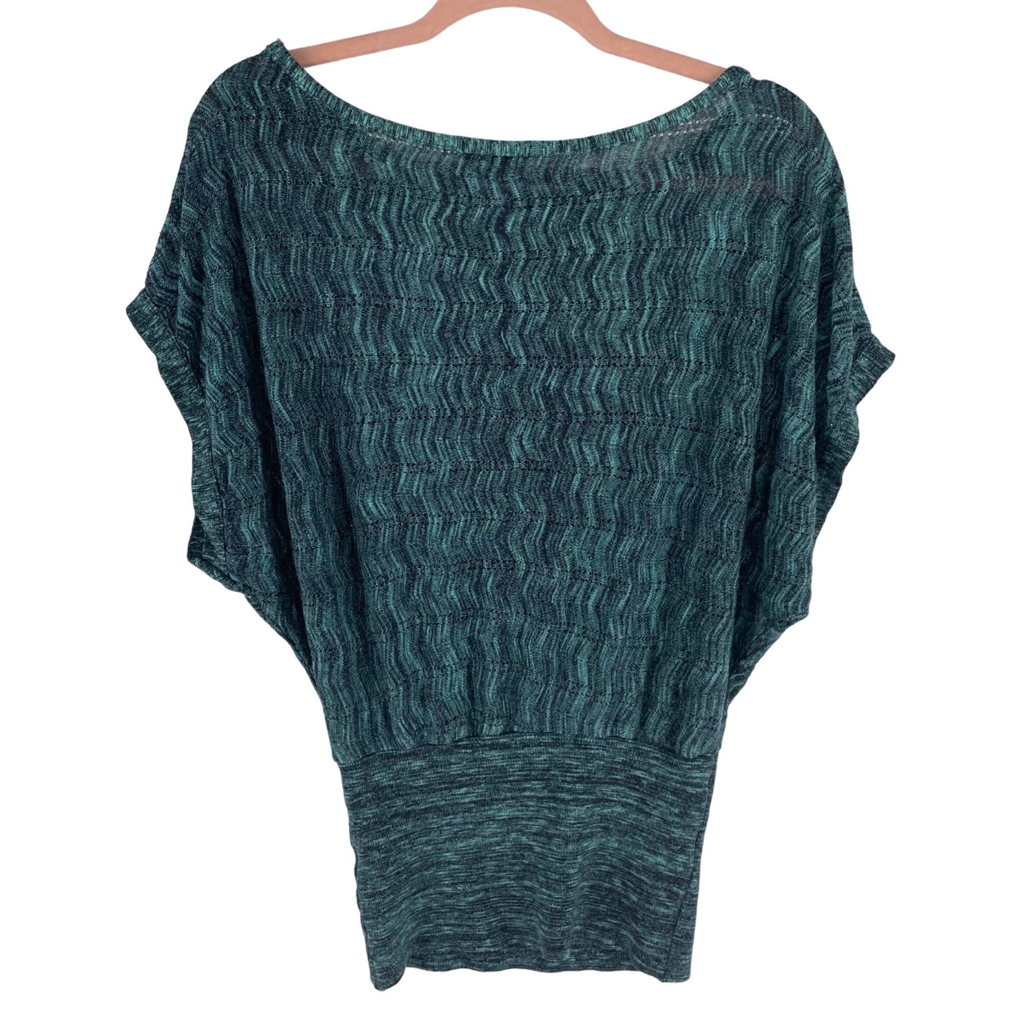 Women's Size Large Teal Sheer Mesh Knit Short-Sleeved Top W/ Tapered Waist