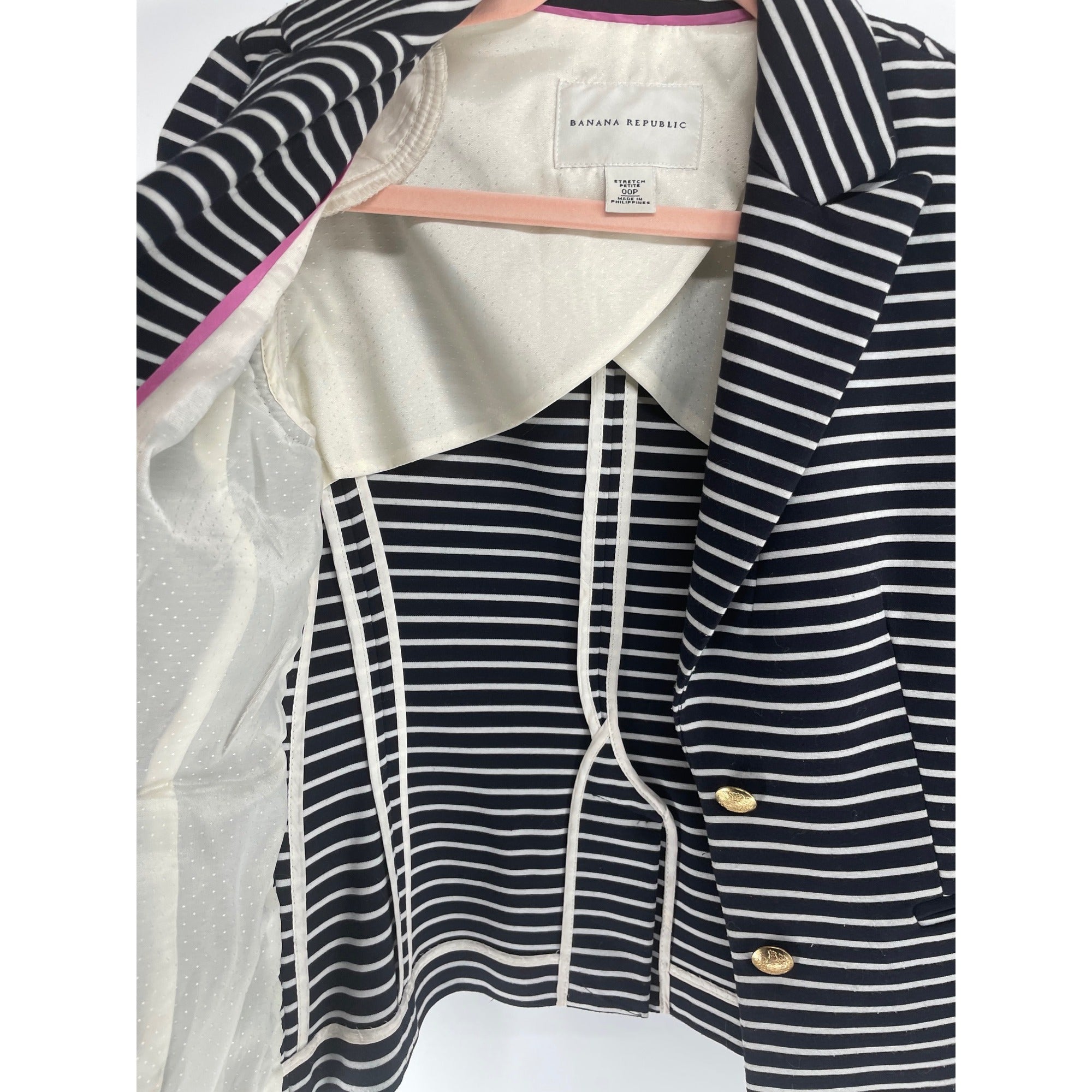 Banana Republic Women's Size 00P Navy & White Sailor Stripe Blazer W/ Gold Buttons