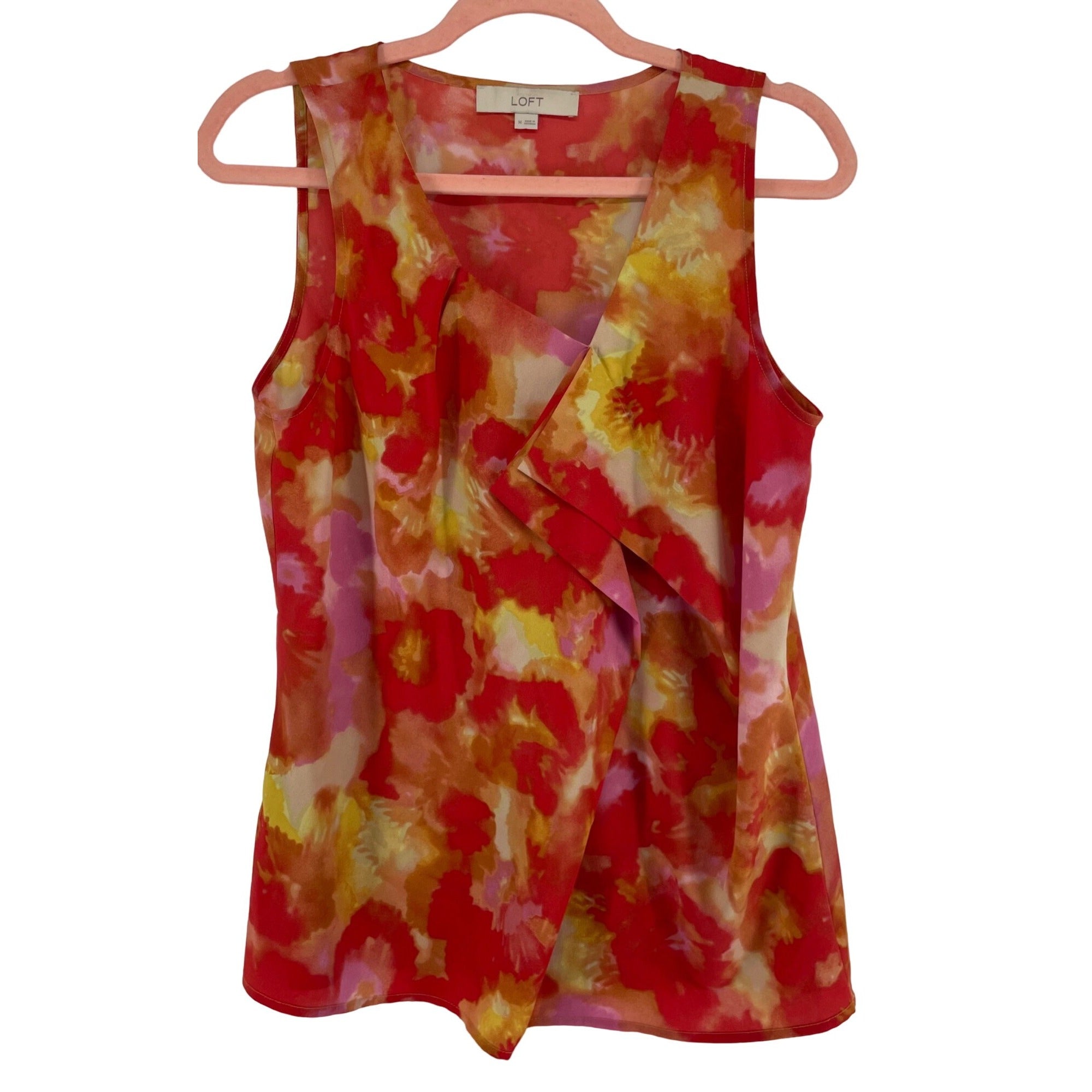 LOFT Women's Size Medium Sleeveless Red/Pink/Orange/Yellow Floral Ruffle Blouse