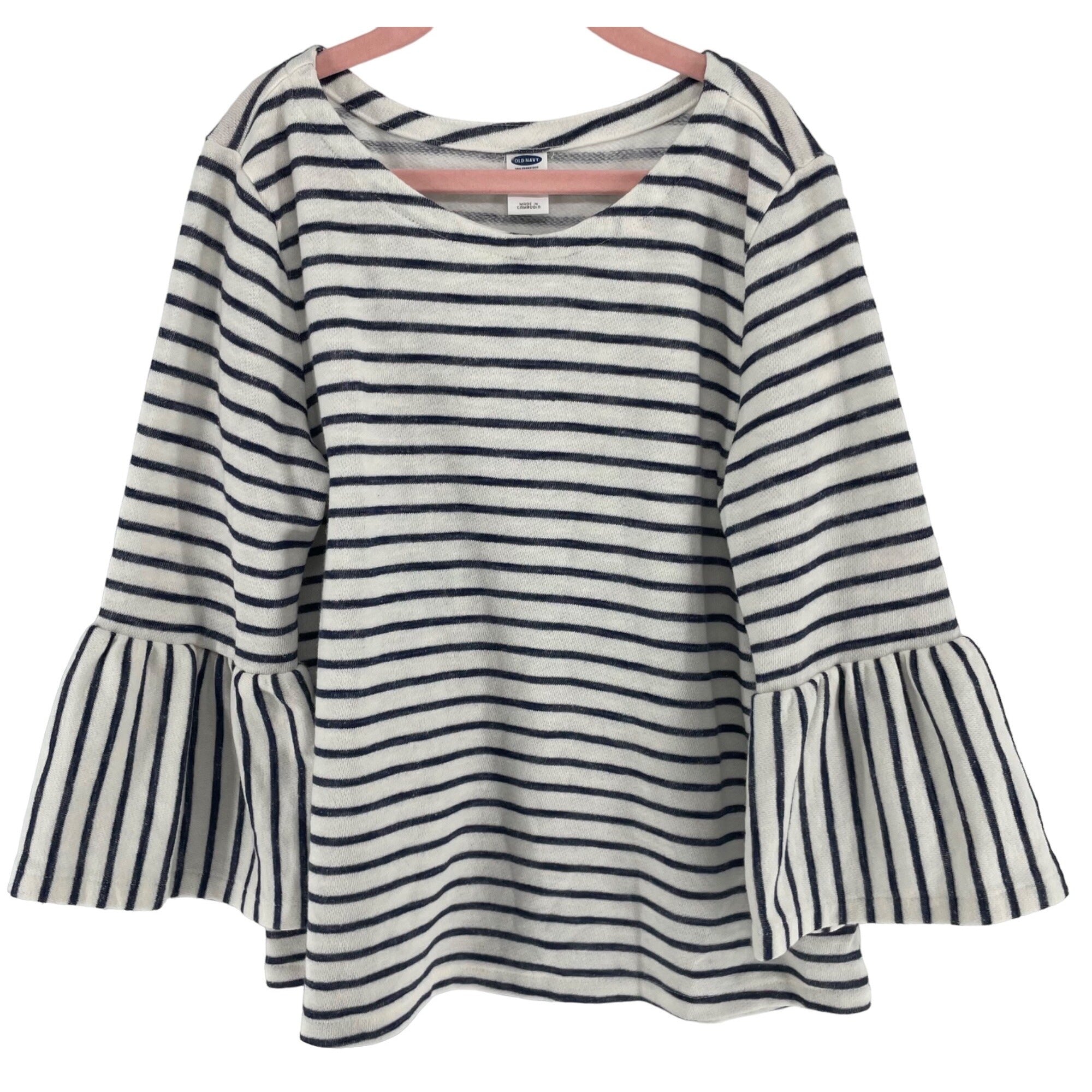 Old Navy Girl's Size Large (Age 10-12) Navy/White Flared Sleeve Striped Top