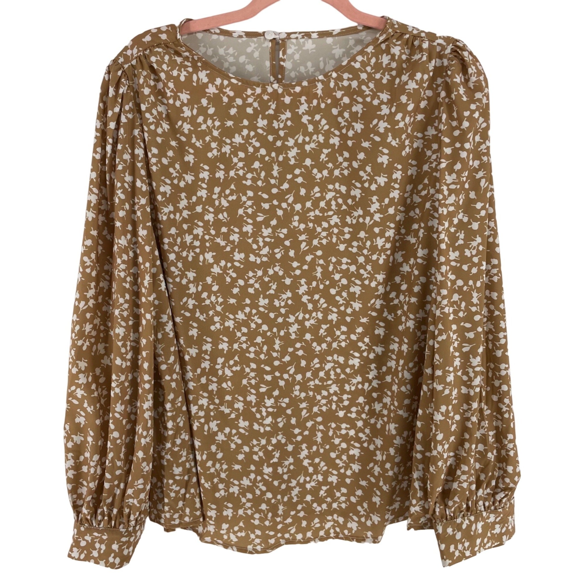 Women's Size Medium Tan/White Floral Long-Sleeved Blouse