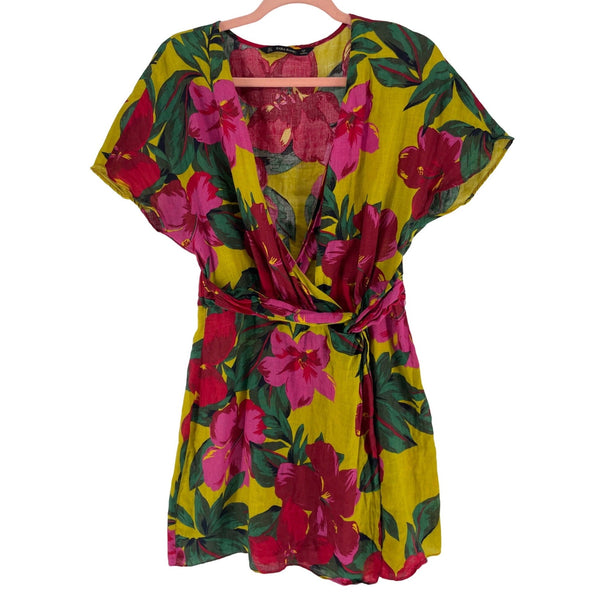 Zara Women's Size Large Fuchsia, Green & Mustard Yellow Floral Dress