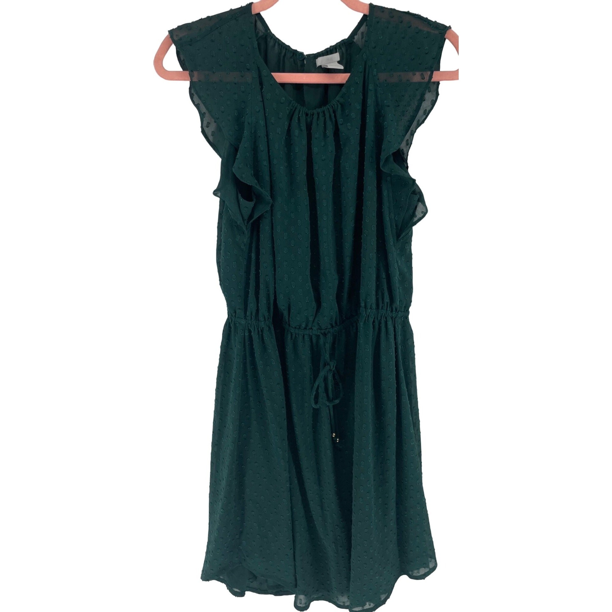 H&M Women's Size 10 Emerald/Forest Green Sheer Polka Dot Ruffle Sleeve Dress