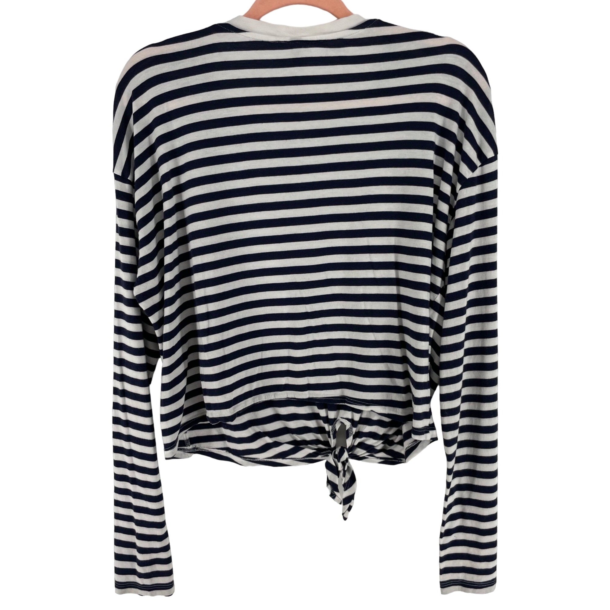 H&M Women's Size Large Navy & White Crew Neck Long-Sleeved Shirt W/ Knot