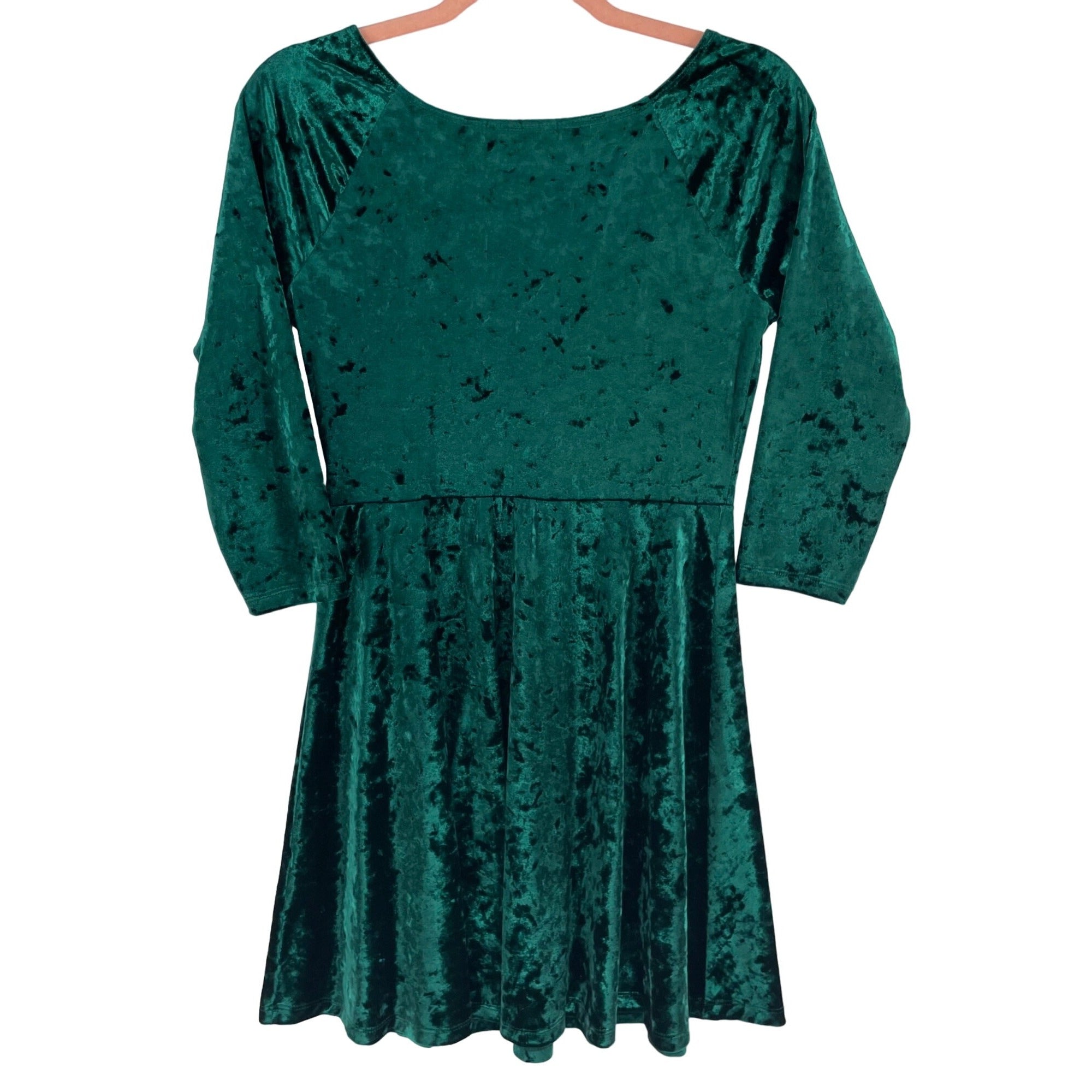 Forever 21 Women's Size Medium Crushed Velour Emerald Green 3/4 Length Sleeve A-Line Midi-Dress