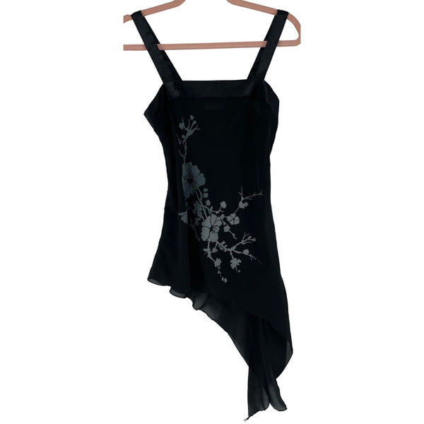 2 Much LA Women's Size Large Black Sheer Satin Floral Chemise W/ Sash Tie