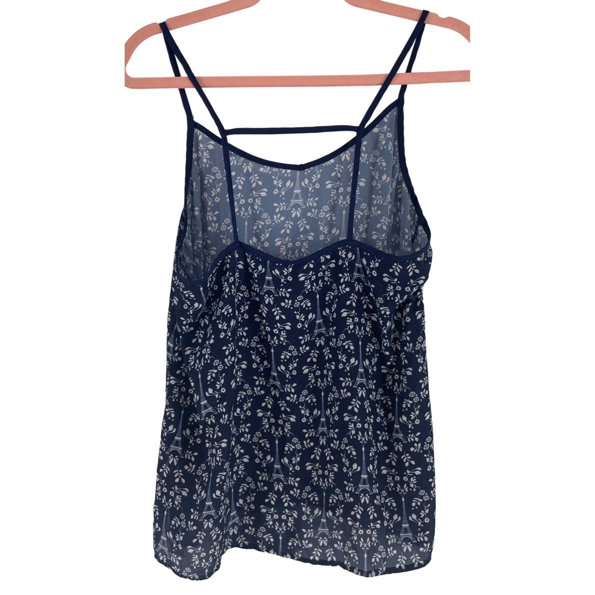 H&M Women's Size 14 Navy Blue & White Spaghetti Strap Eiffel Tower Motif Sheer Cami