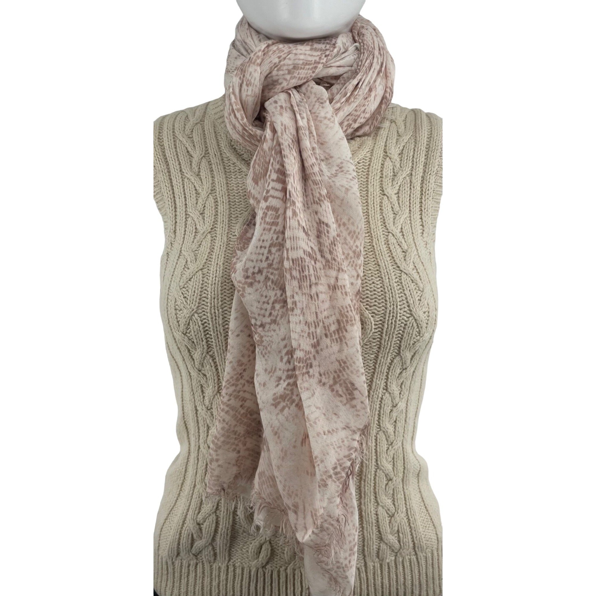 Women's Light Pink & Mauve Snakeskin Print Sheer Scarf W/ Fringe Hem