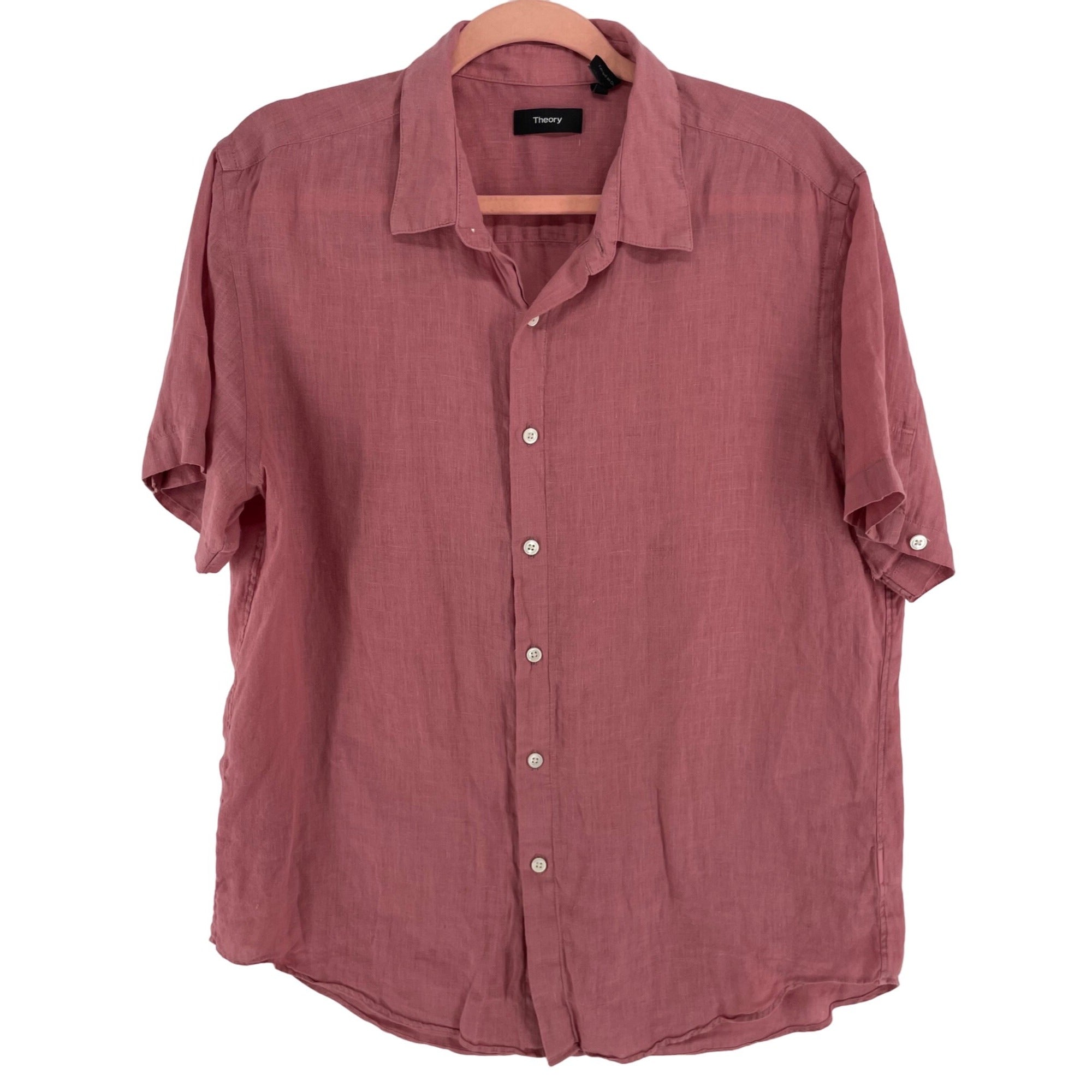 Theory Women's Size Large Pink Linen Collared Short-Sleeved Button-Down Top