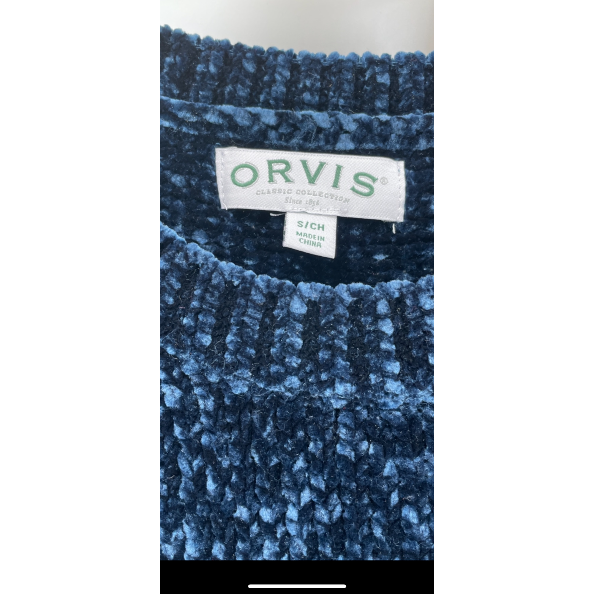 NWOT Orvis Small Navy Blue Chenille Crew Neck Sweater