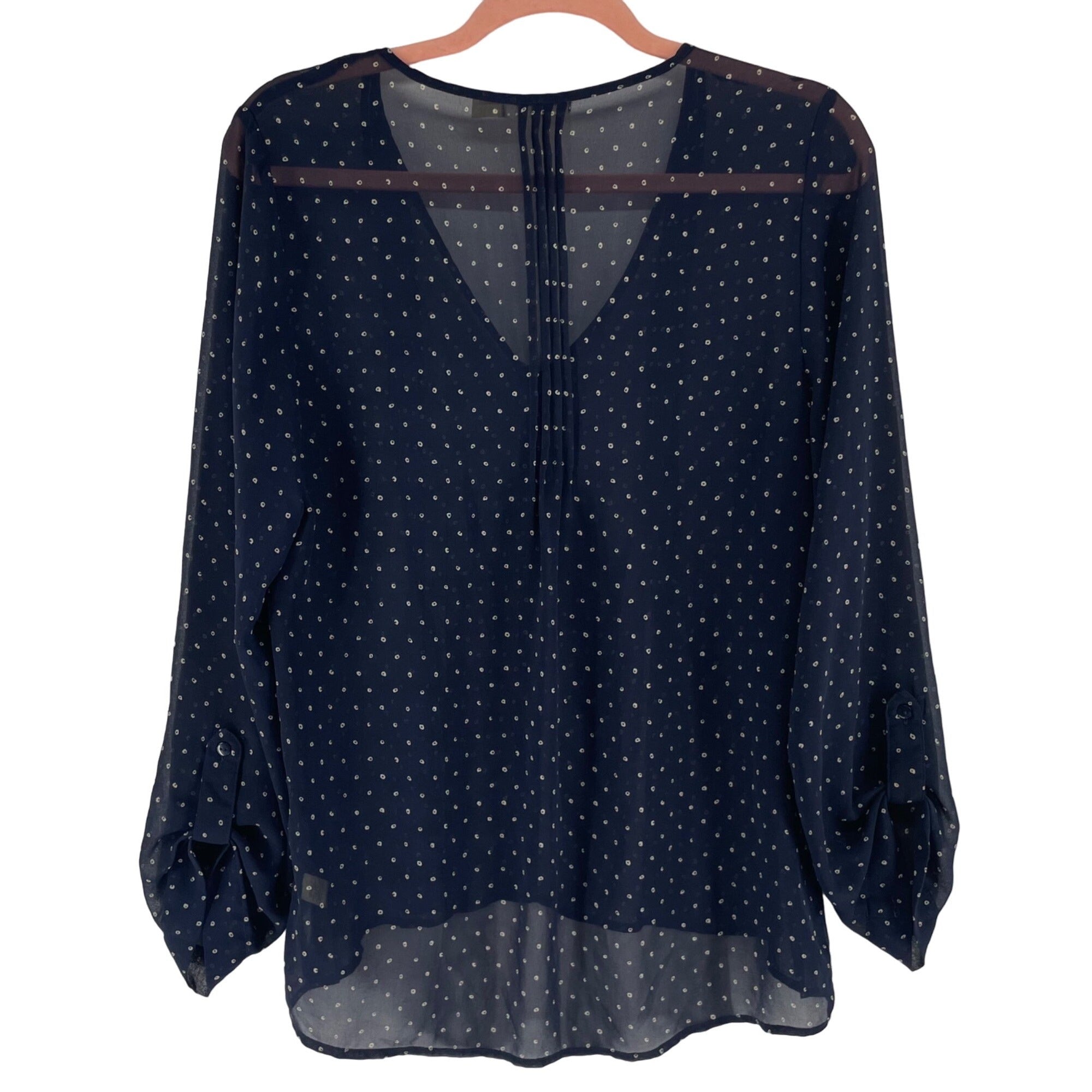 Pins & Needles Women's Size Medium Sheer Navy Blouse W/ White Polka Dots