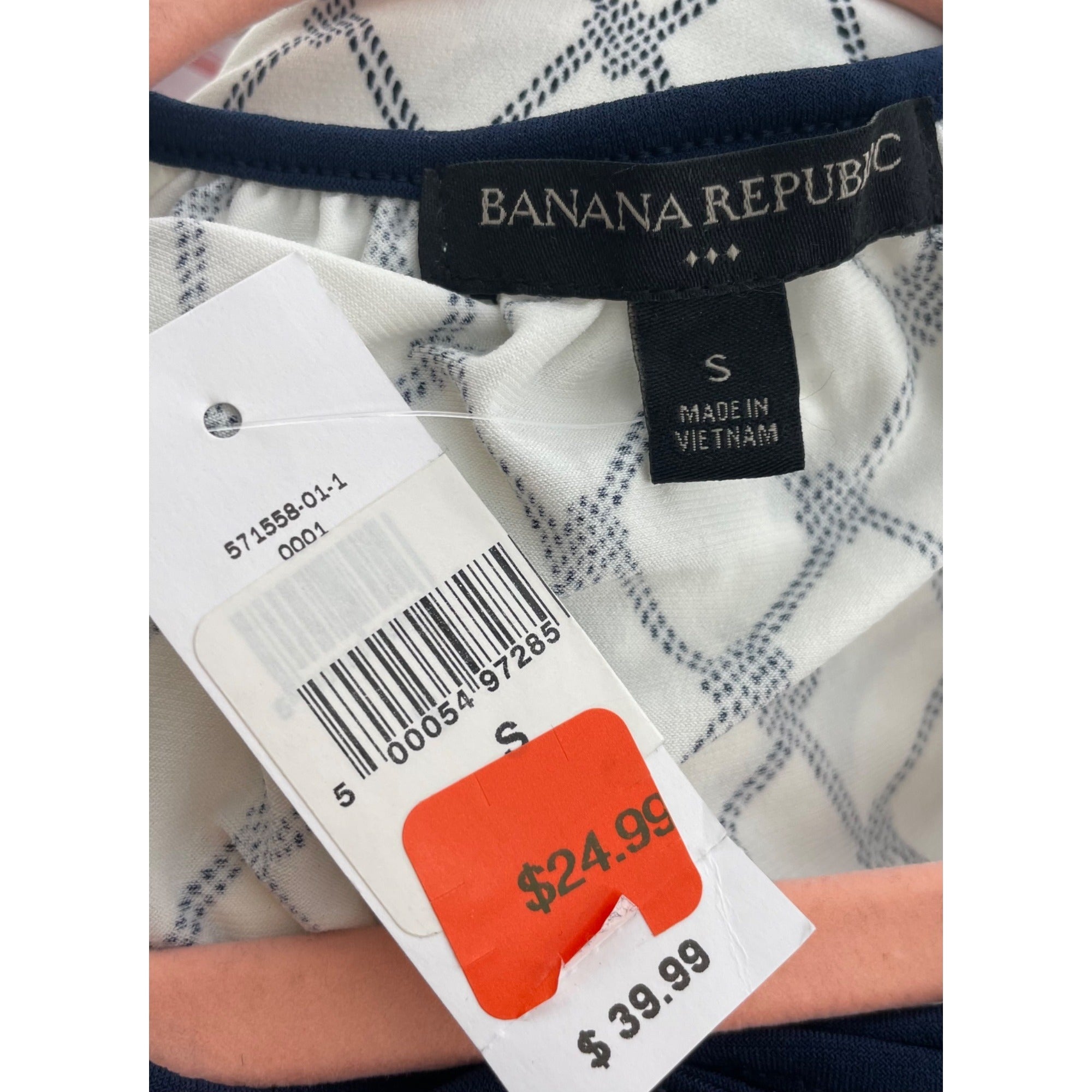 NWT Banana Republic Women's Size Small Navy & Off-White Sleeveless Blouse W/ Tie