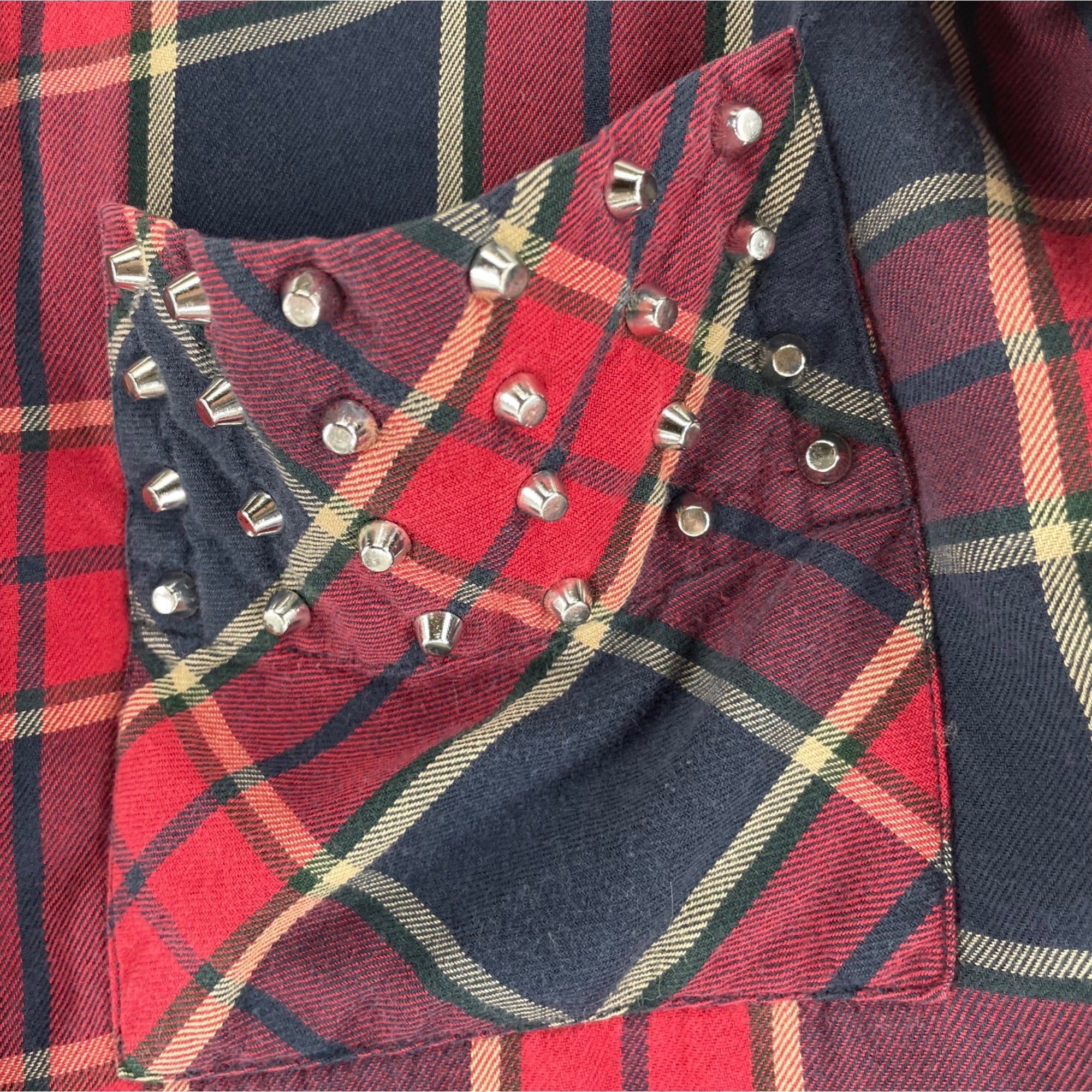 Love Woman Size XS Navy & Red Plaid Button-Down Flannel W/ Silver-Studded Pockets