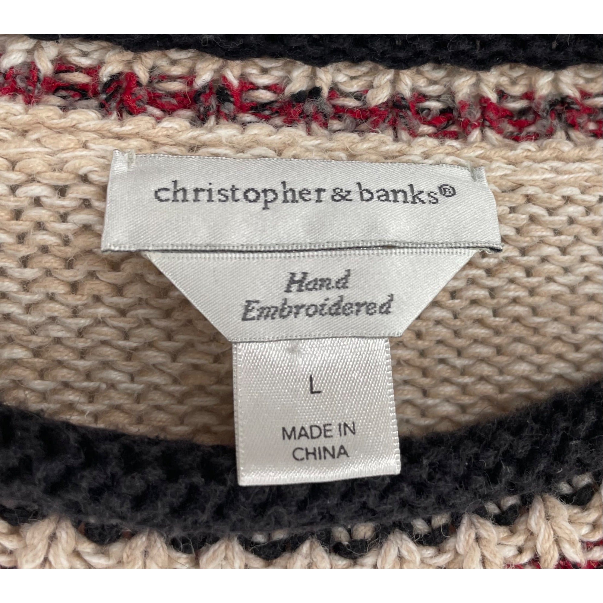 Christopher Banks Women's Size L Hand Embroidered Cardinal Cream Knit Sweater