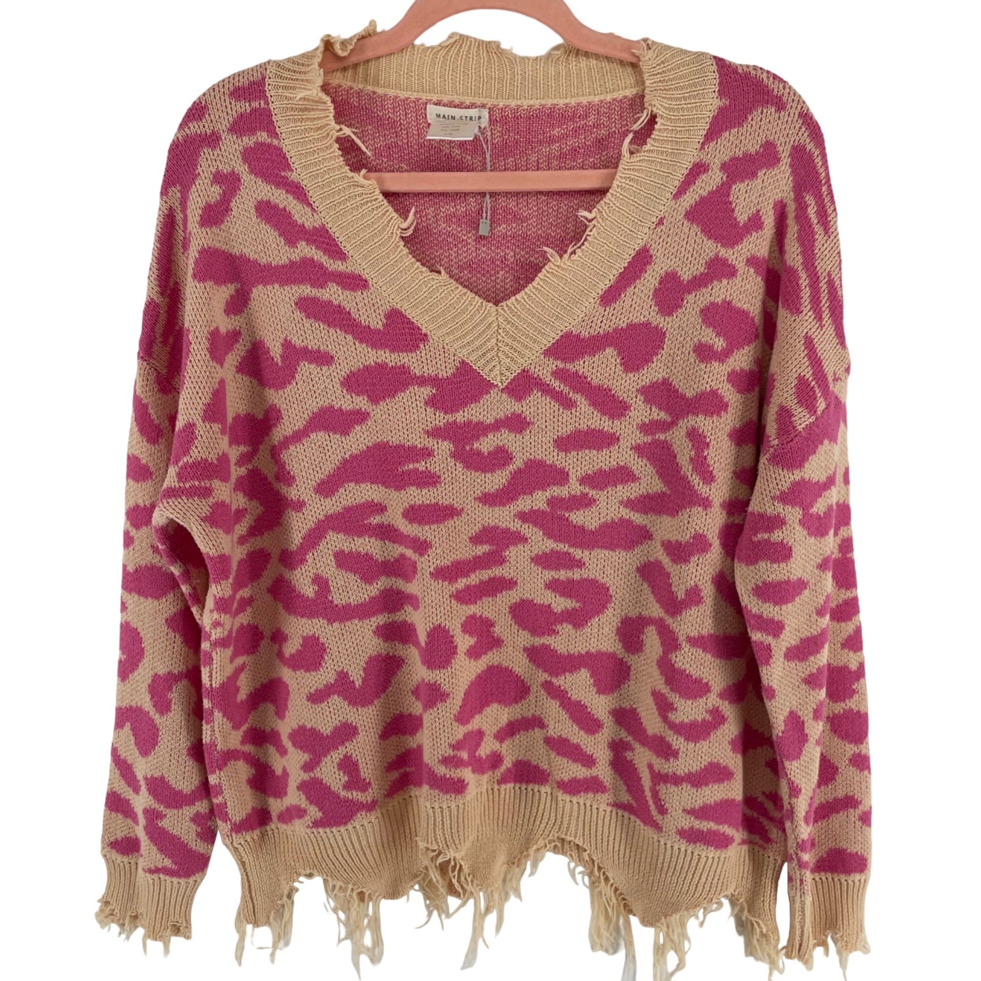 NWOT Main Strip Women's Size Large Peach/Pink Leopard Print Fringe Sweater