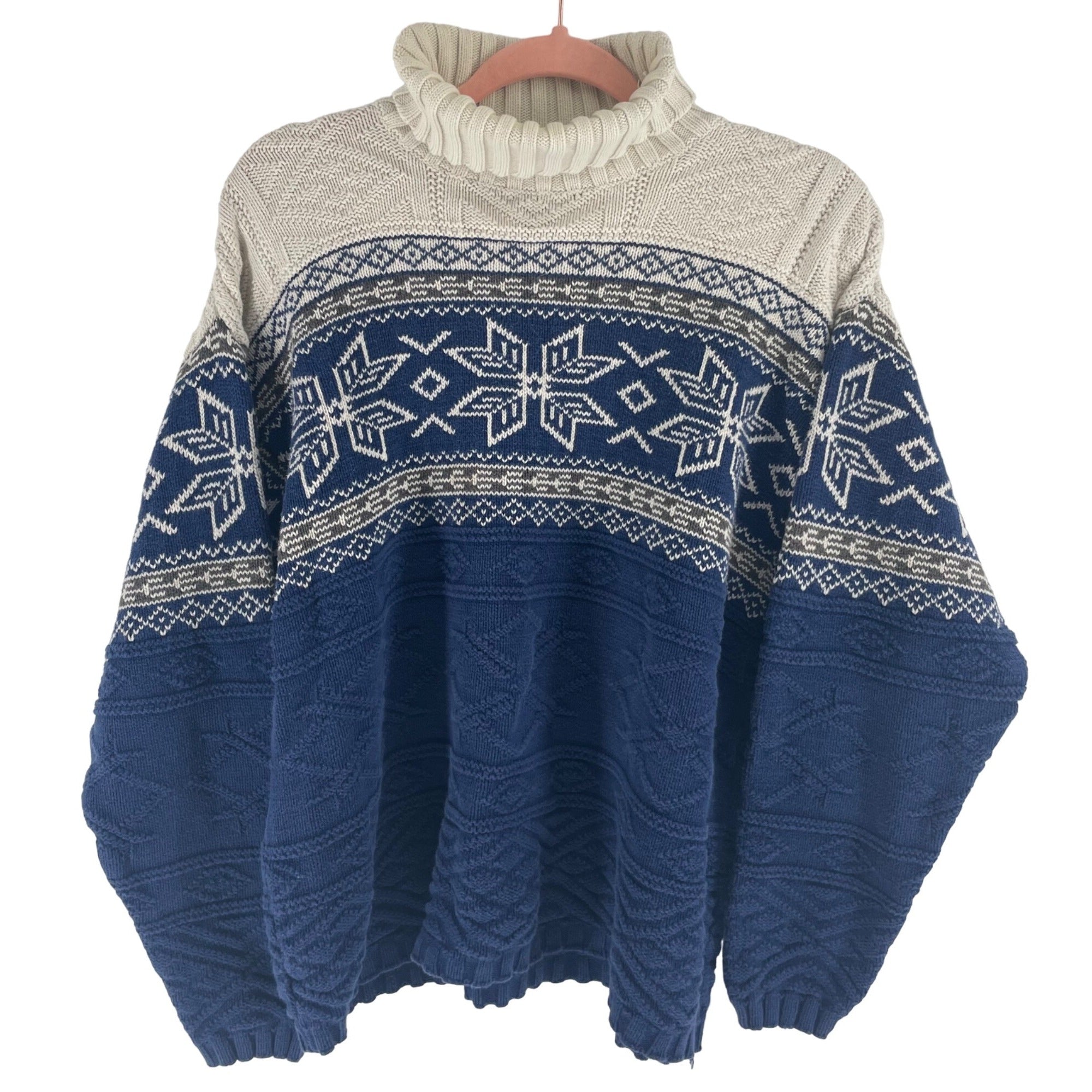 Aeropostale Men's Size large Blue, White & Grey Snowflake Print Cowl Neck Sweater