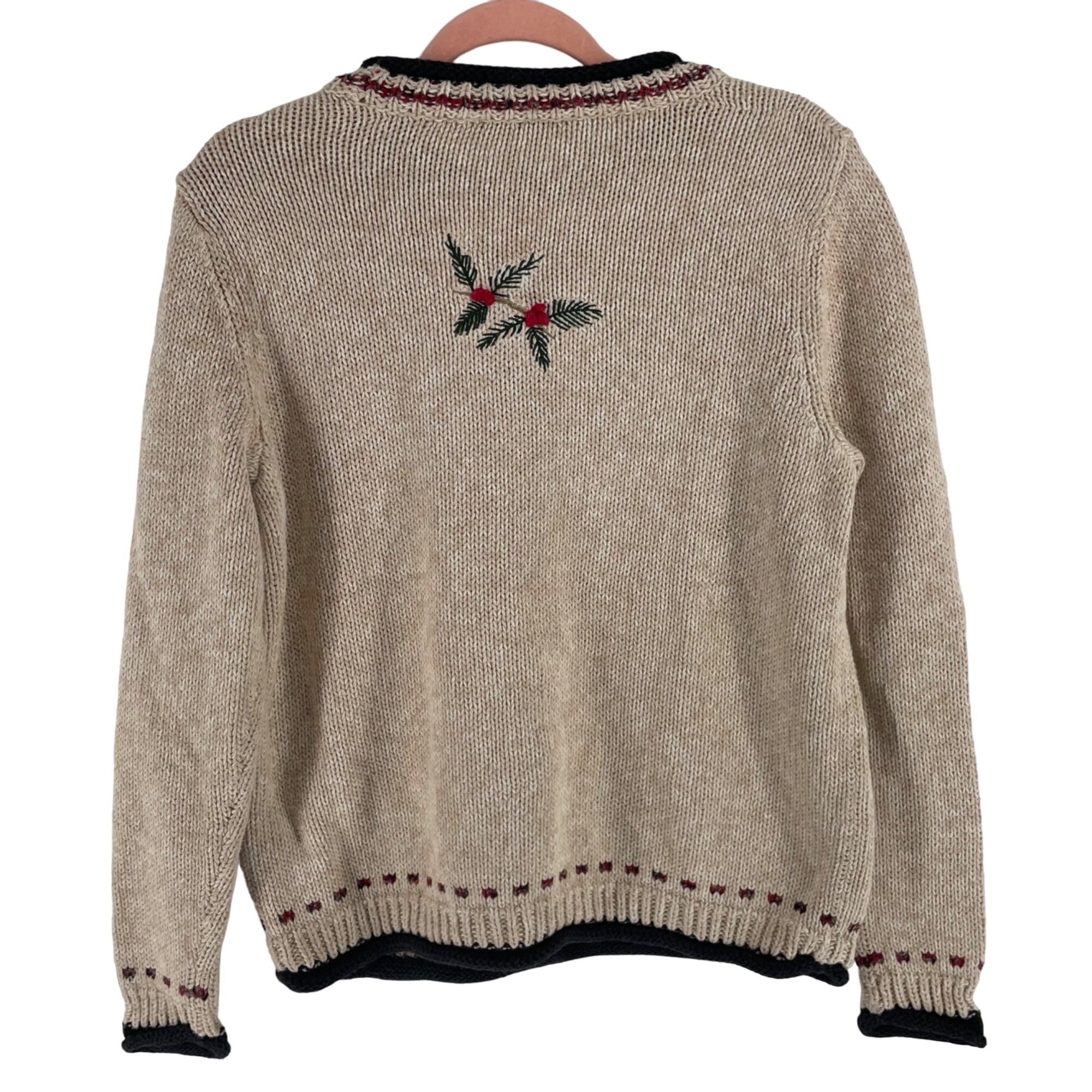 Christopher Banks Women's Size L Hand Embroidered Cardinal Cream Knit Sweater