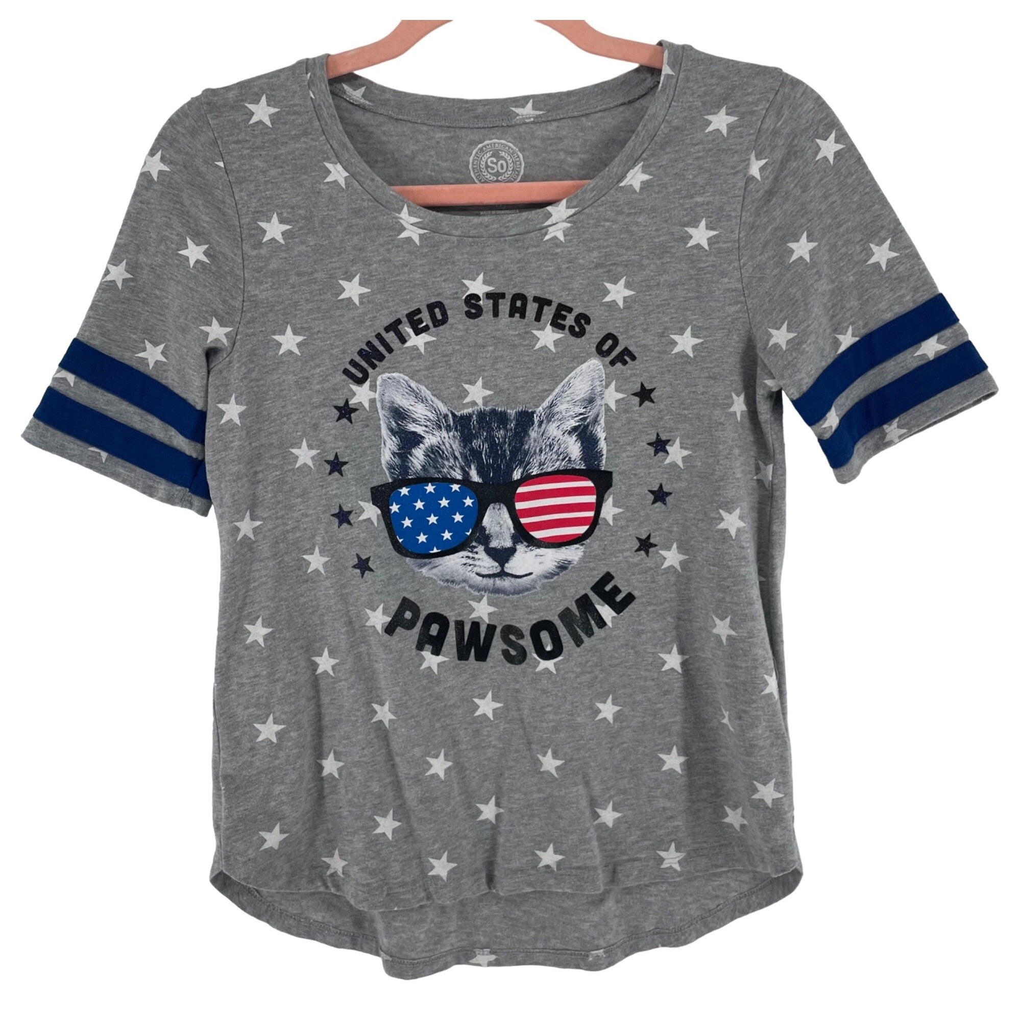 So Girl's Size 14 Grey/Red/White/Blue "United States Of Pawsome" Cat T-Shirt