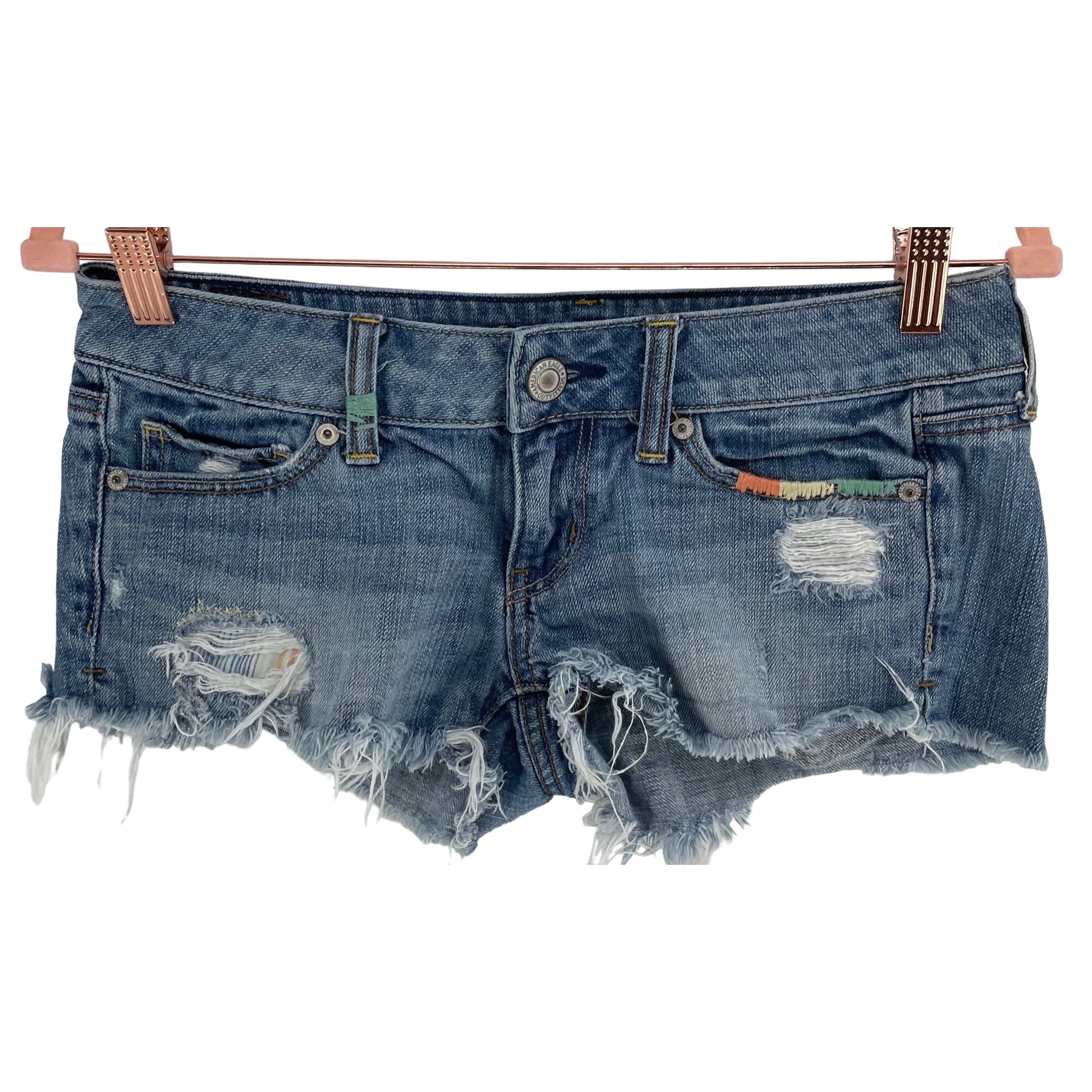 American Eagle Women's Size 2 Distressed Blue Jean Denim Low-Waisted Booty Shorts