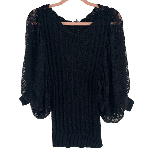 Gracia Women's Size M/L Black Knitted Boho Top W/ Lace Sleeves