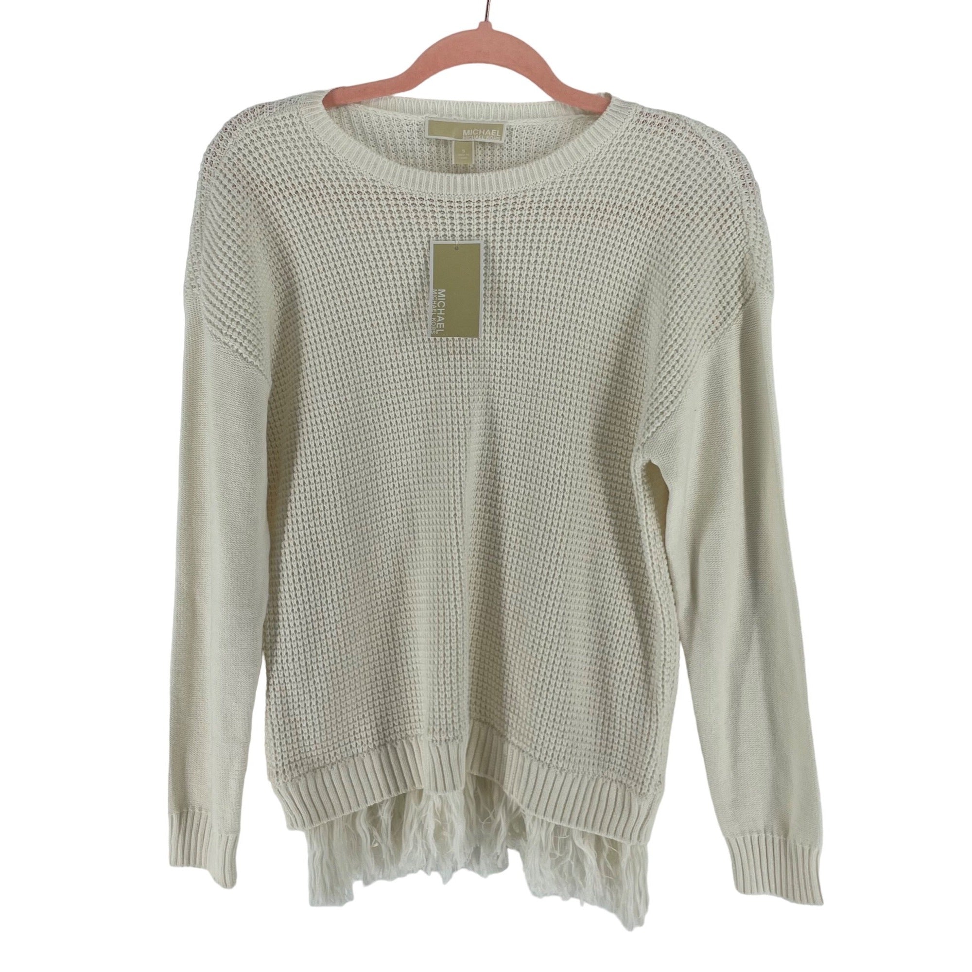 NWT Michael Kors Women’s Size Small Cream Crew Neck Sweater W/ Fringe Hem