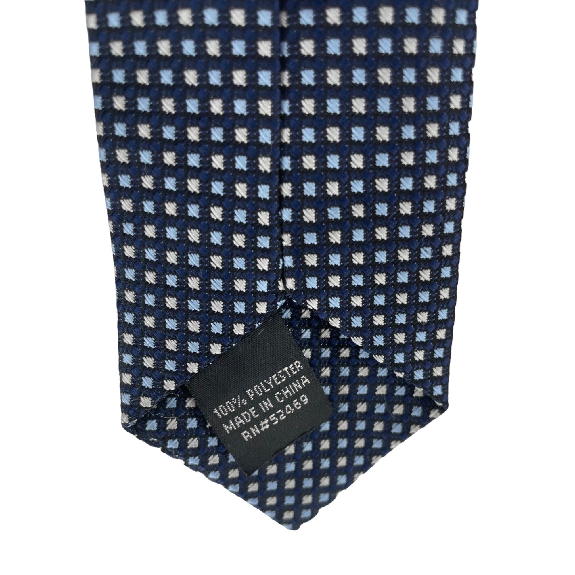 Men's Small Navy Clip-On Dress Tie W/ Silver and Light Blue Squares