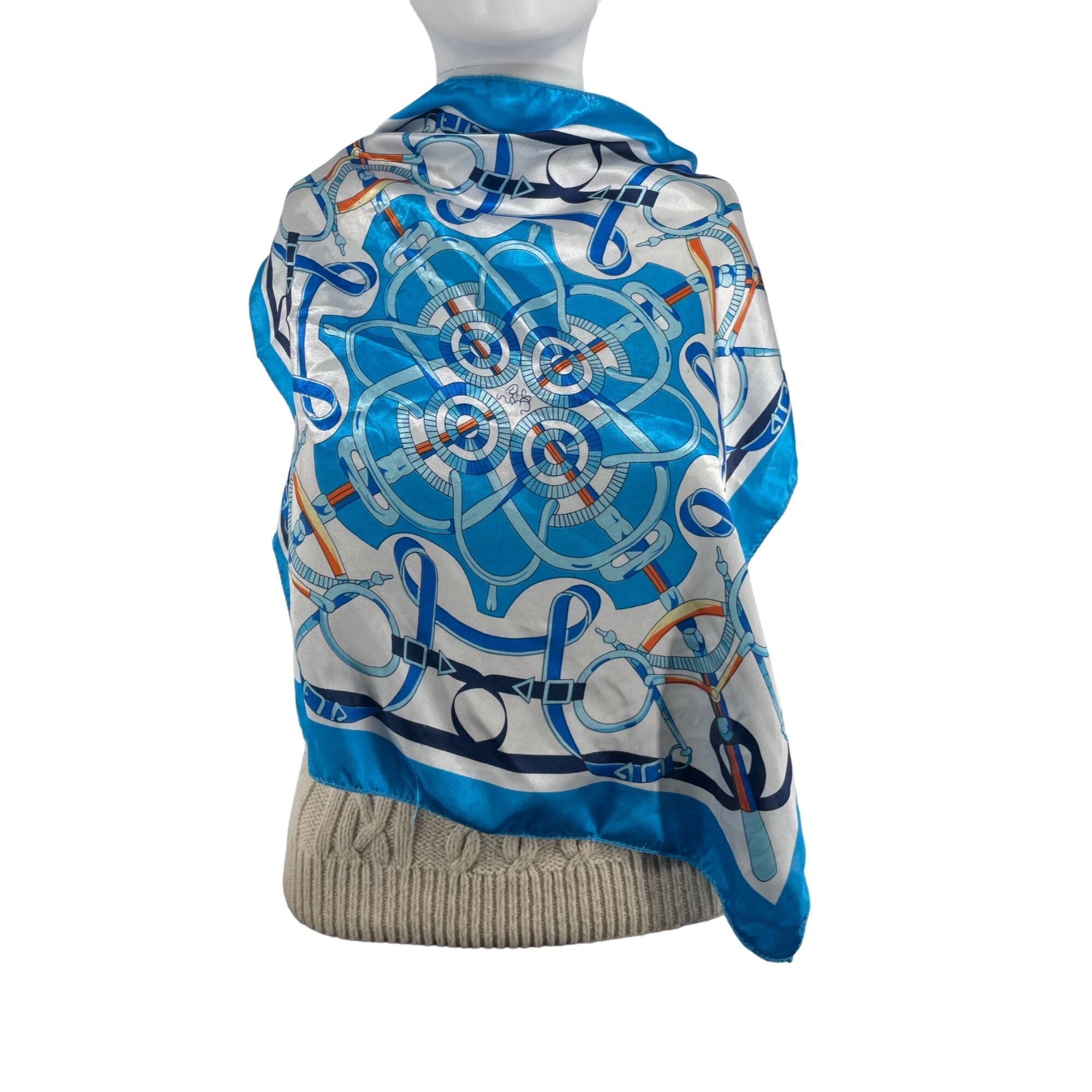 Women's Cerulean Blue & White Equestrian Square Handkerchief Scarf W/ Horseback Riding Motif