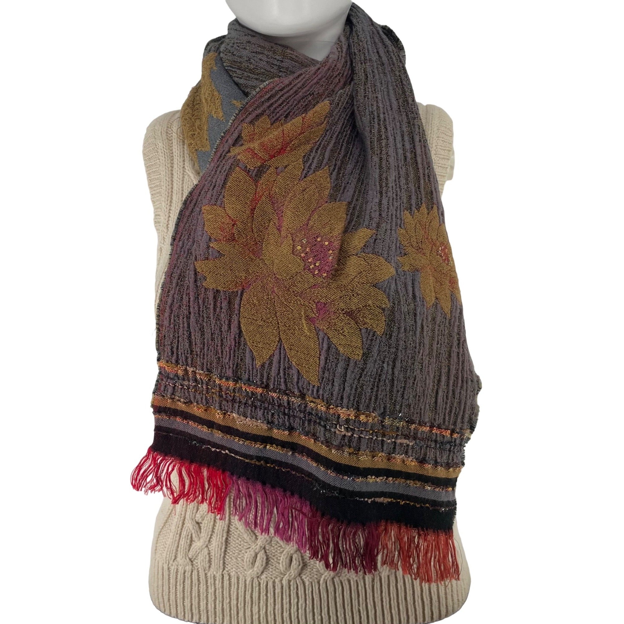 Women's Floral Embroidered Multi-Colored Scarf W/ Tassel Fringe