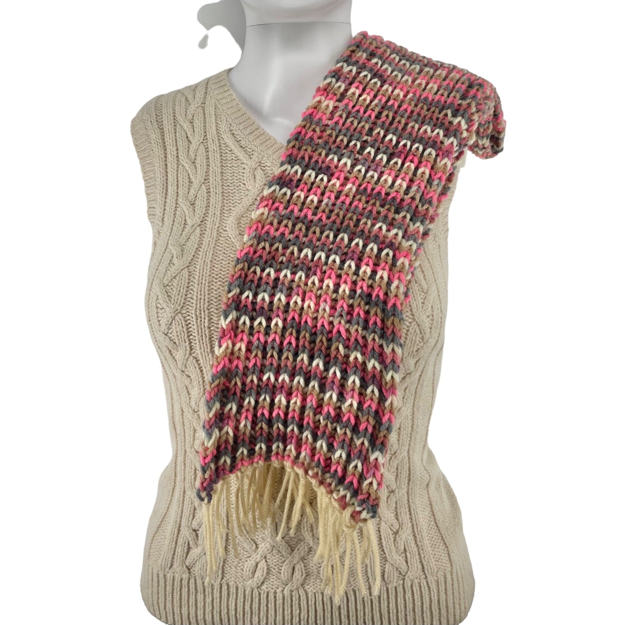 Women's Pink Rainbow Yarn Knit Sweater W/ Fringe Tassels