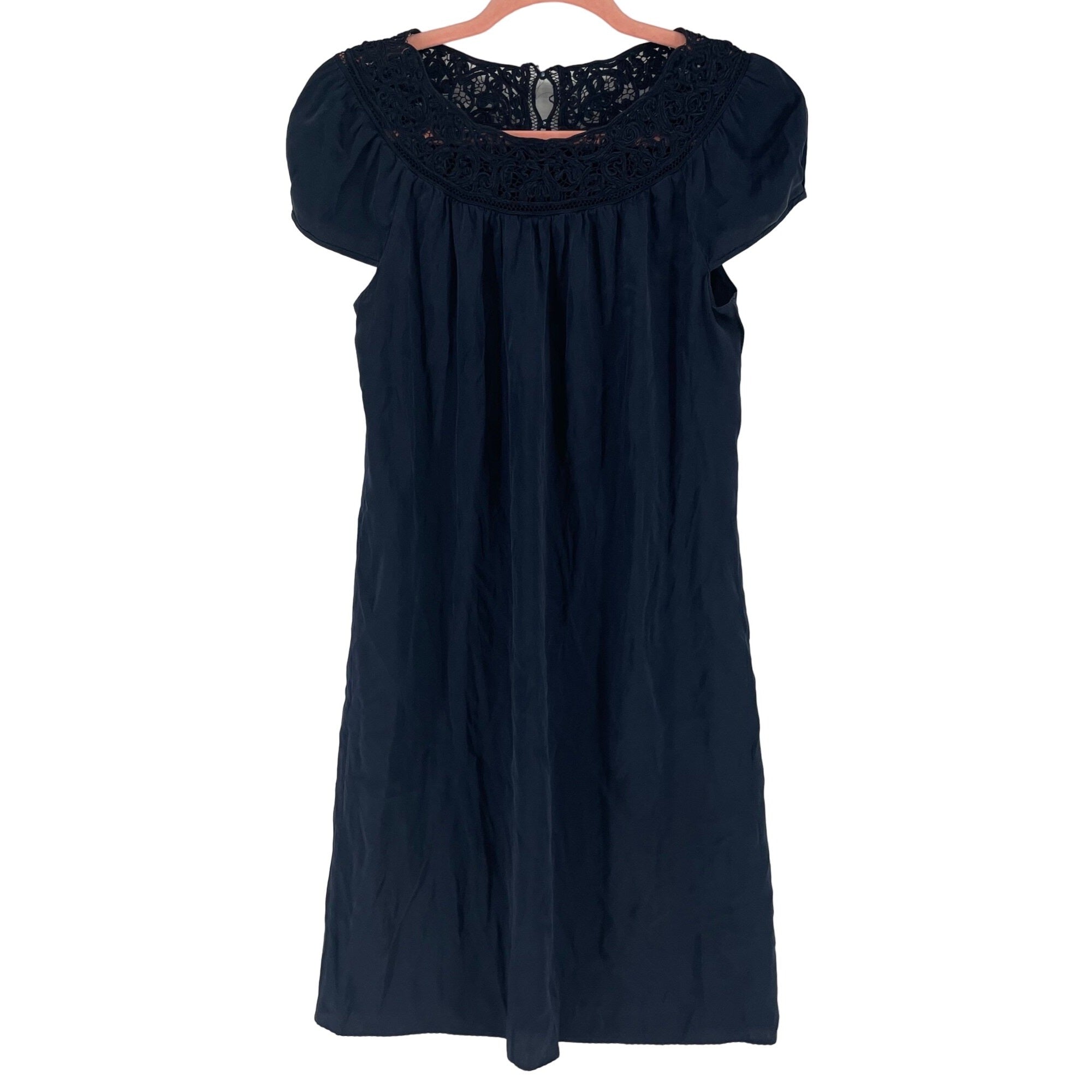 Elie Tahari Women's Size 0 Navy Silk Midi Dress W/ Lace Neckline