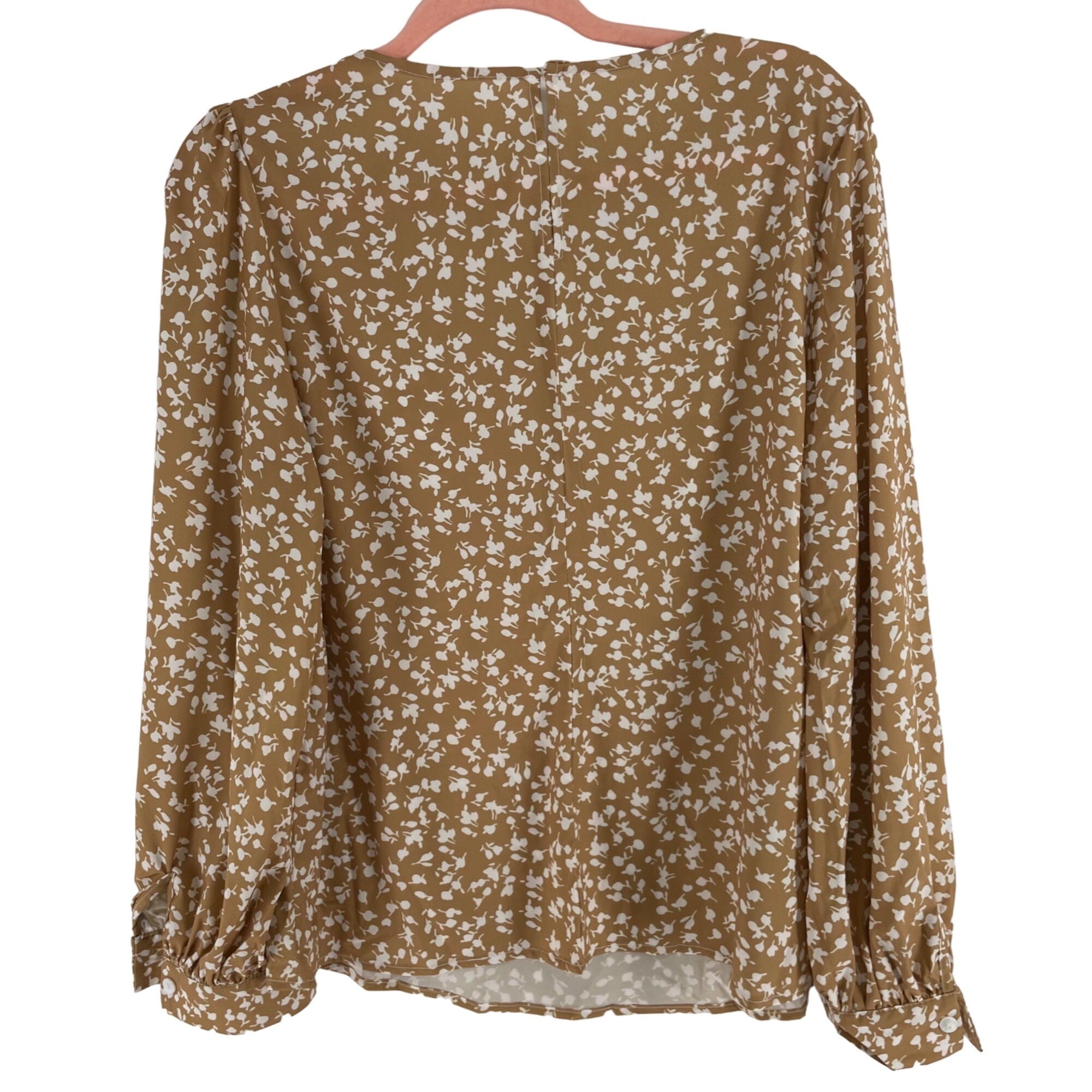 Women's Size Medium Tan/White Floral Long-Sleeved Blouse