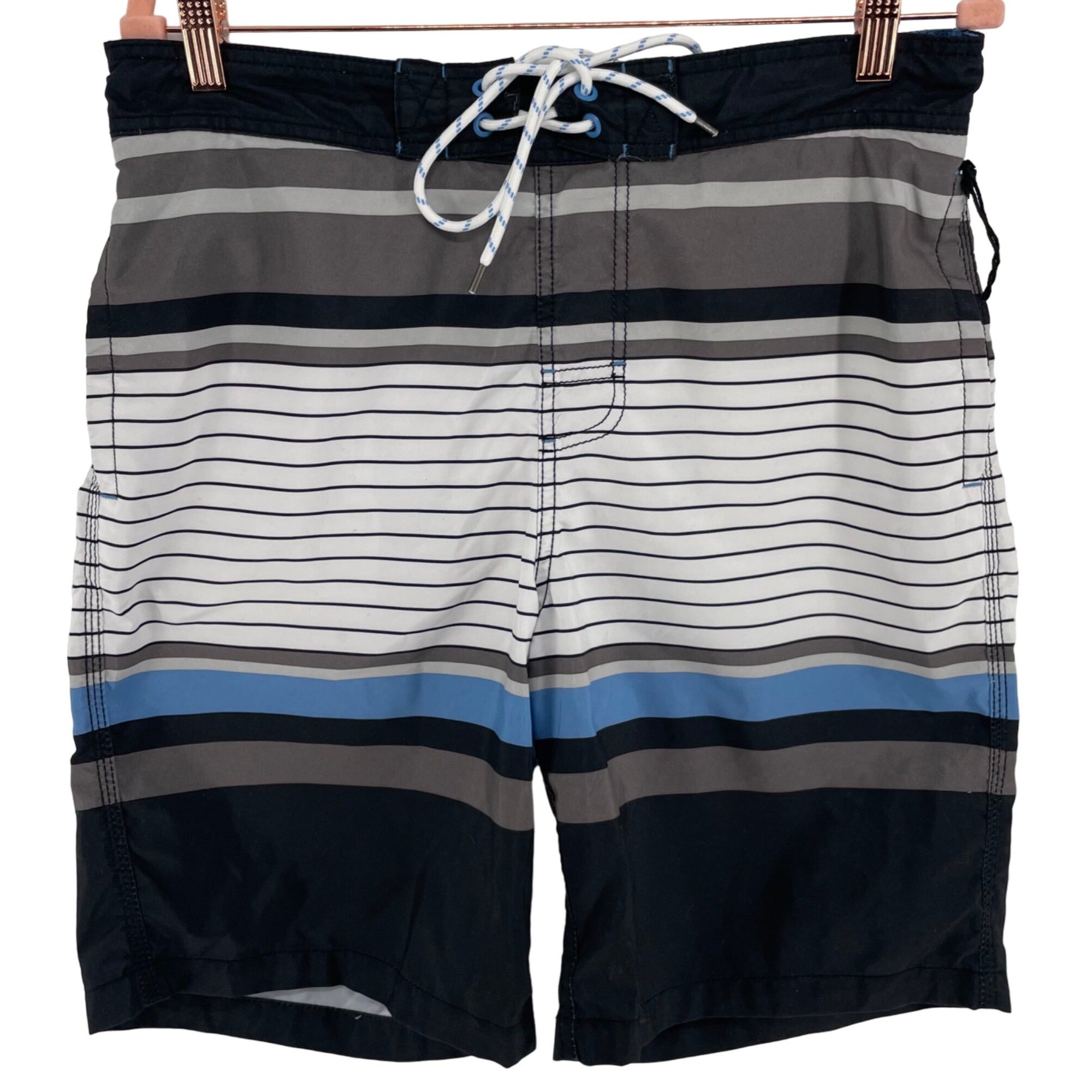 Goodfellow & Co. Men's Size Medium Black/Grey/White/Blue Striped Board Shorts